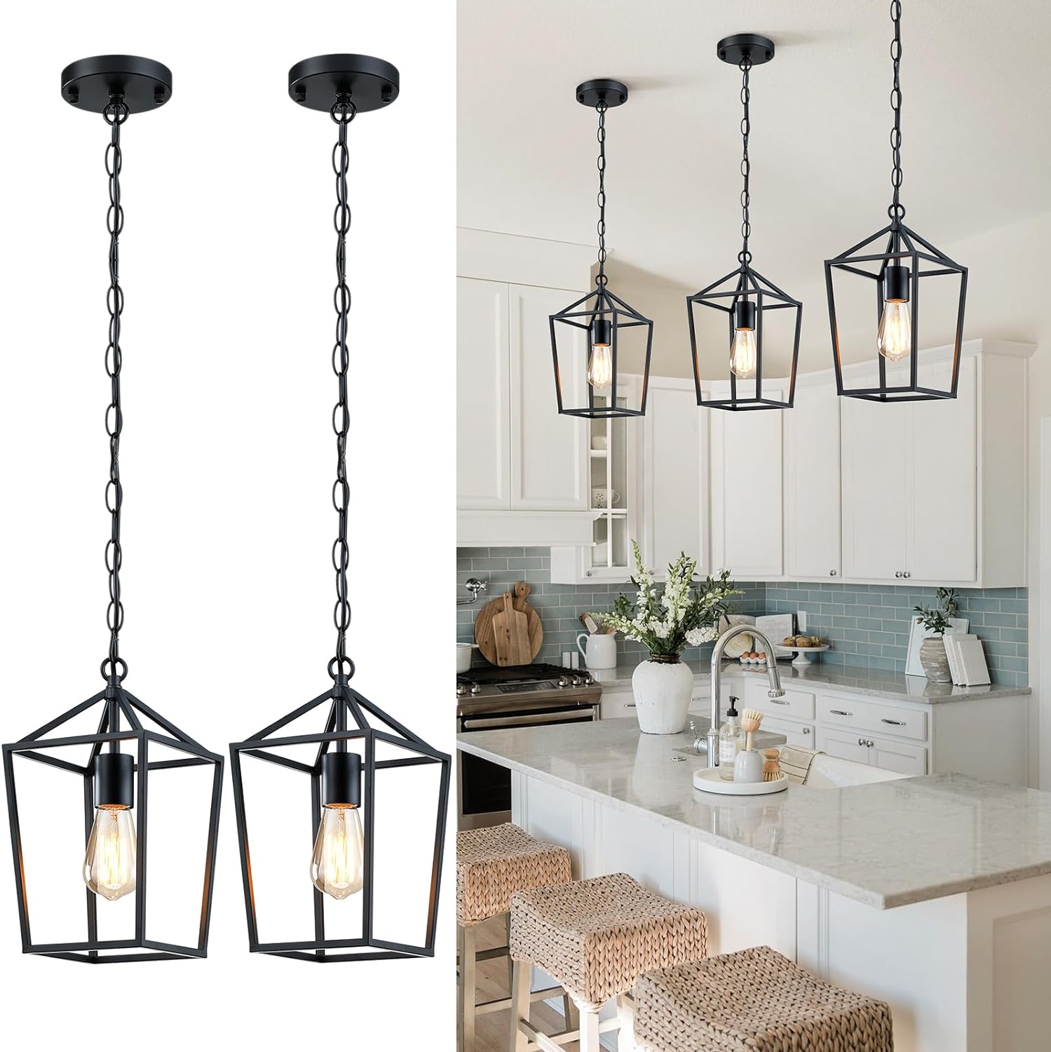 2-Pack Farmhouse Pendant Lights Kitchen Island, Black Pendant Light Fixtures Hanging Lamp for Kitchen, Modern Kitchen Pendant Lighting Over Island, Metal Cage Design, Sloped Ceiling Adaptable