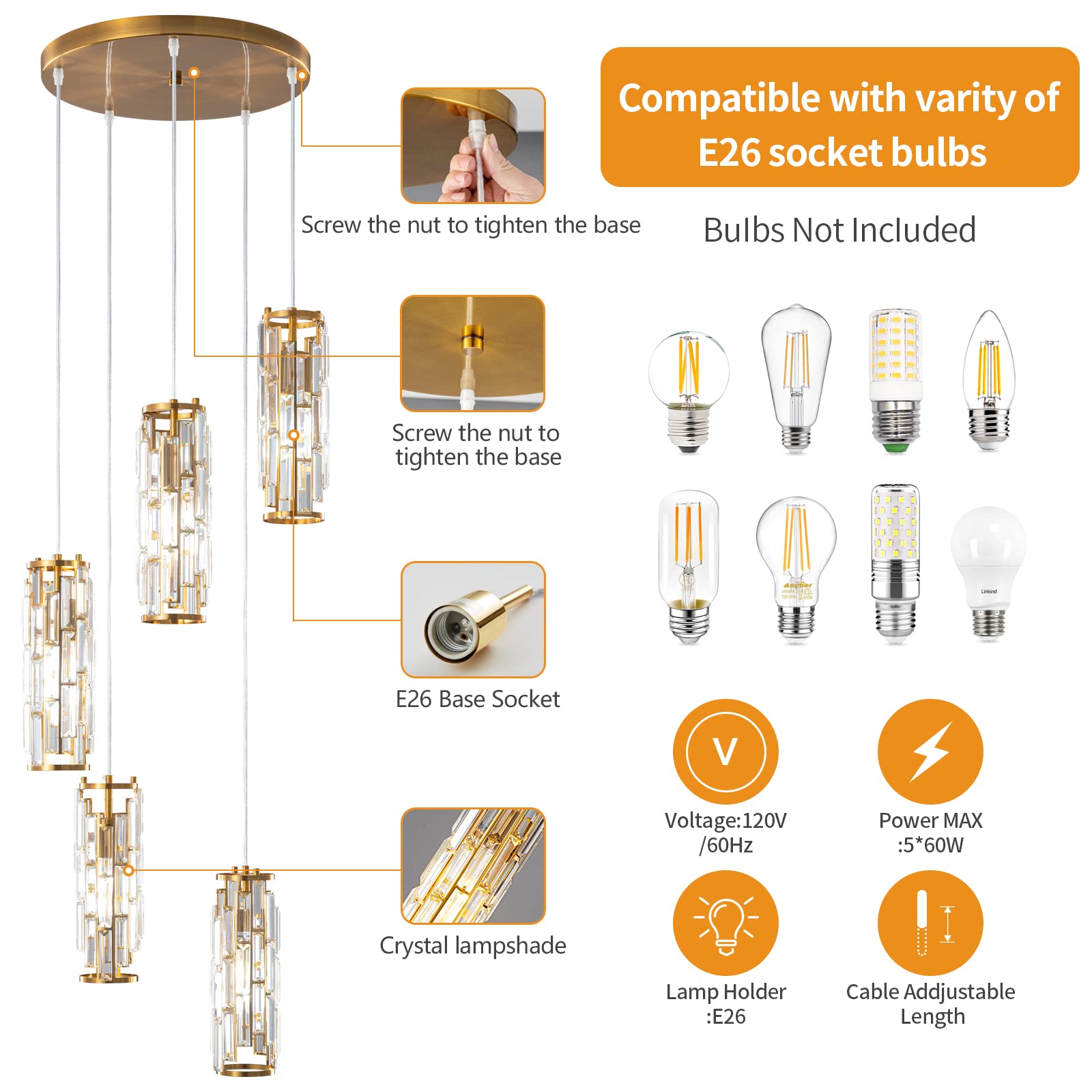 LMQNINE Pendant Lighting Modern Pendant Light, Mini Crystal Chandeliers,Adjustable Pendant Light Fixture for Kitchen Island Dinning Room Bedroom (Gold, 3-Light)