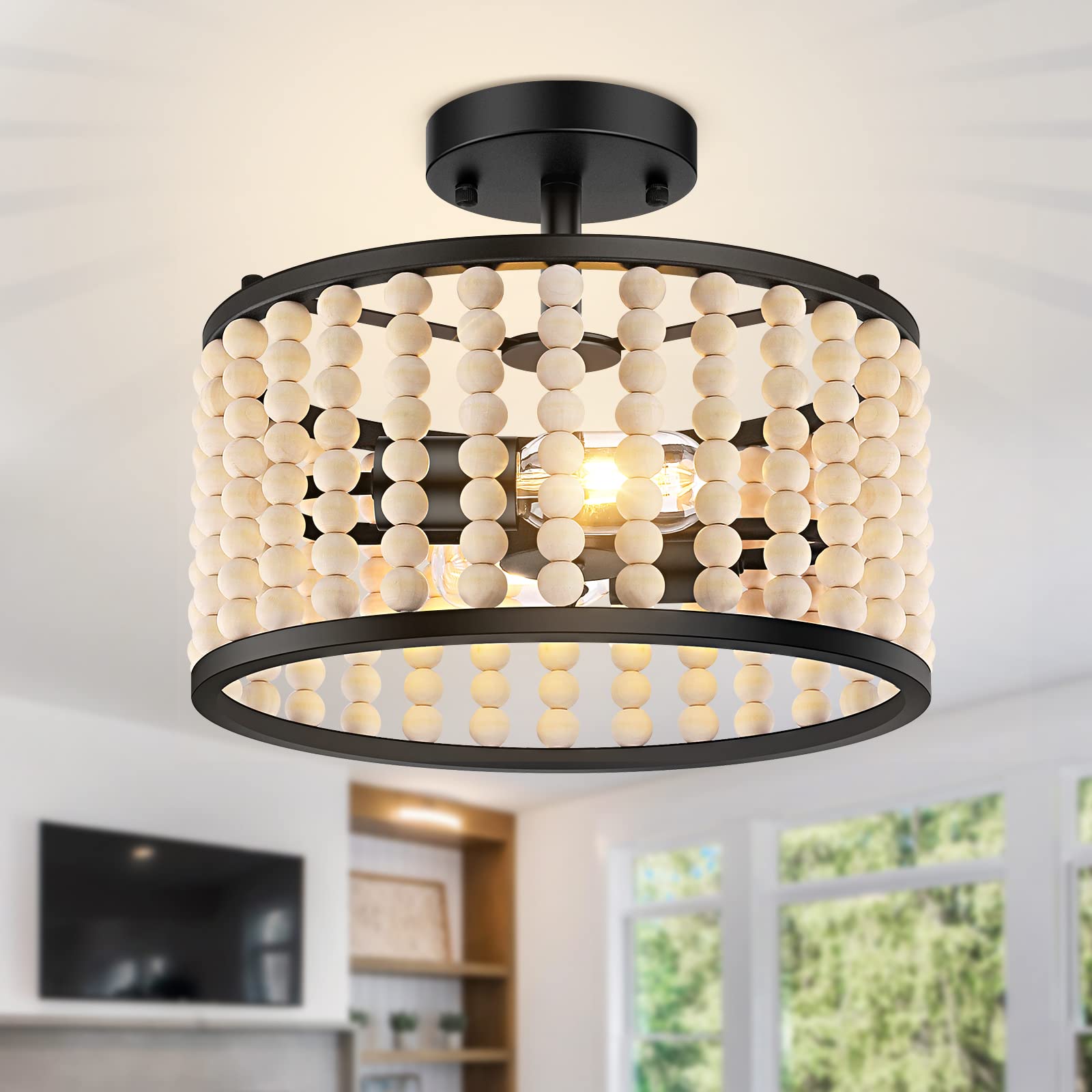 Wood Beaded Chandelier - Farmhouse Boho Light Fixture, Rustic Semi Flush Mount Ceiling Light, Oak 2 Lights Nursery Light Fixture for Hallway Foyer Bedroom Kitchen Island Living Room, E26 Base