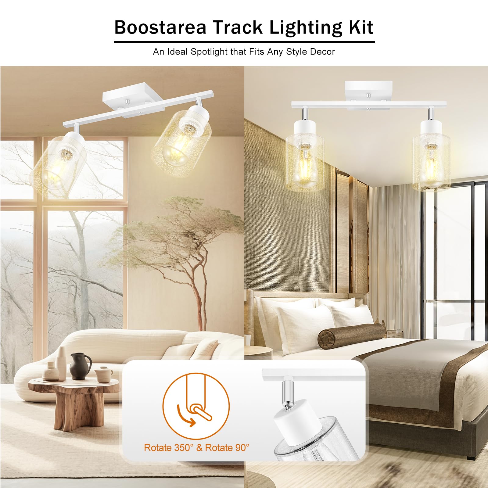 LED 4 Light Track Lighting Kit, 4 Way Ceiling Spot Lighting with Glass Lampshade, Flexibly Rotatable Light Head for Kitchen, Living Room, Bedroom, Bulb Not Included