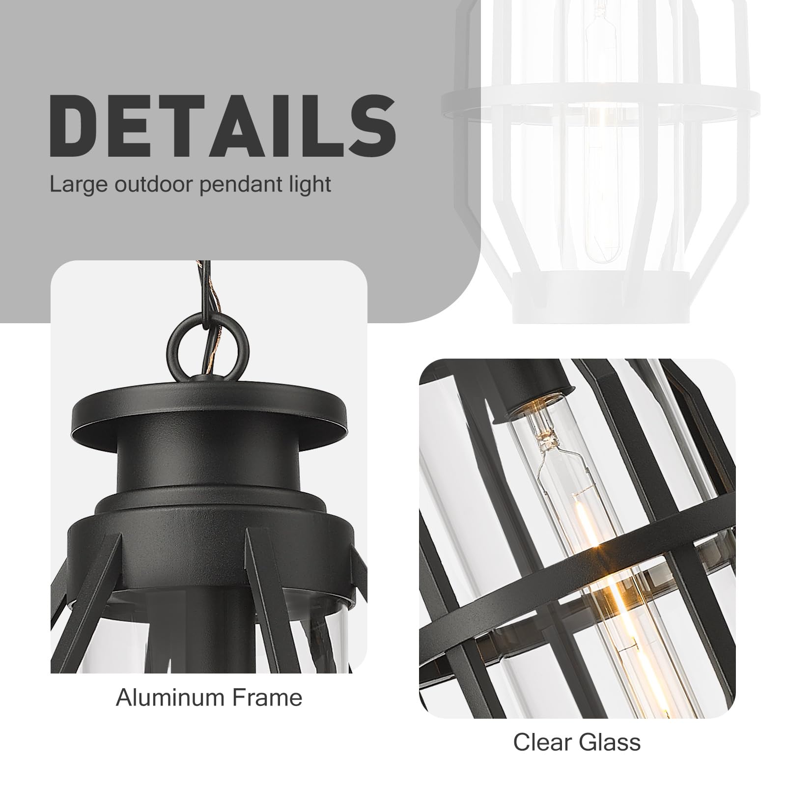 19 Inch Outdoor Pendant Light with Clear Glass, Large Modern Outdoor Hanging Porch Light, Black Finish, WE274H-L BK