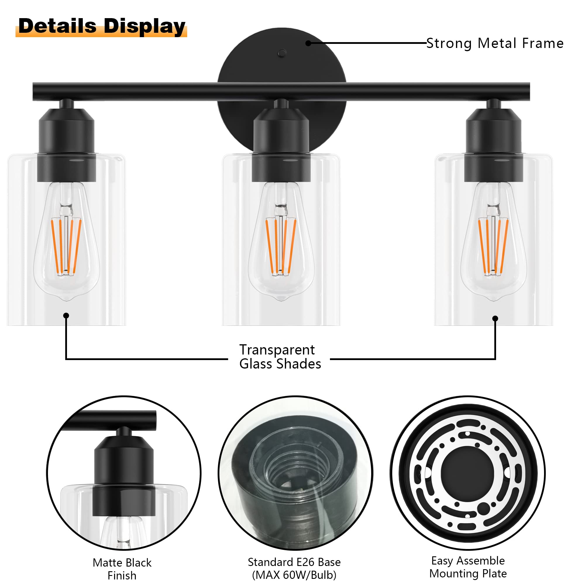 Bathroom Vanity Light Fixtures Matte Black Bathroom Lighting Fixture, 3 Lights Bathroom Light Fixture Over Mirror, Modern Black Vanity Light, UL Certified Wall Sconces with Glass Shades