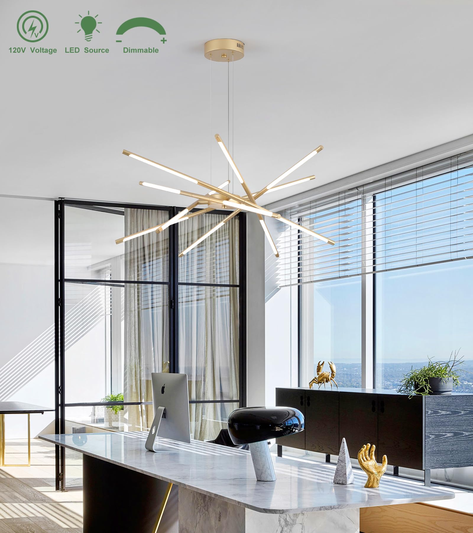 Modern LED Chandeliers for Dining Room,Black and Oak White Farmhouse Sputnik Dimmable Chandelier with Remote for Living Room Kitchen Office Hotel Restaurant Lobby