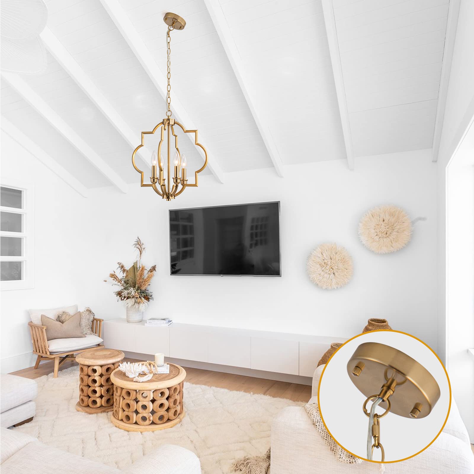 15.6“Gold Farmhouse Chandelier Dining Room Light Fixtures Over Table, Brass Kitchen Island Pendant Light, 4 Light Rustic Orb Geometric Ceiling Hanging Lighting for Entryway Foyer Bar Restaurant