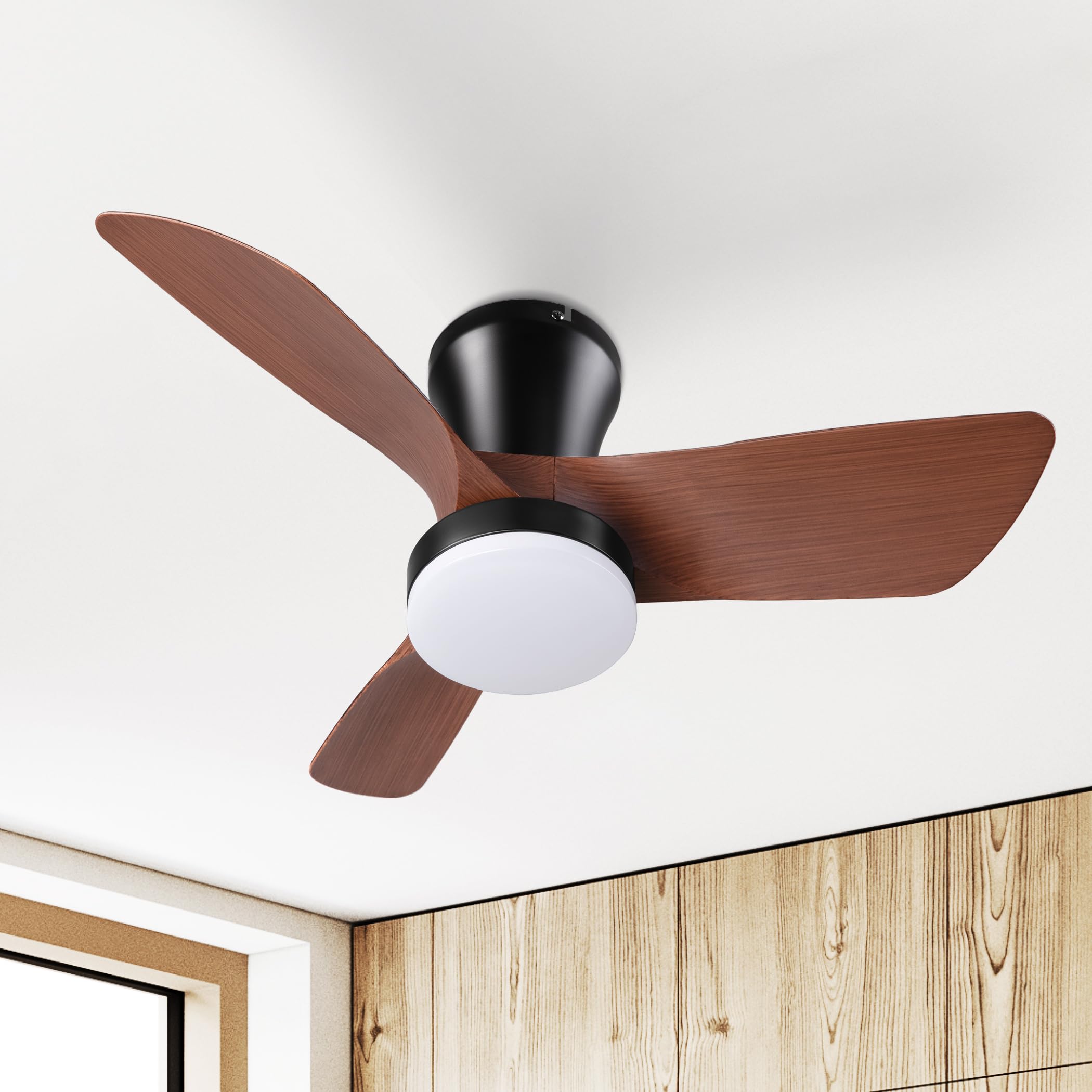 Ceiling Fans with Lights and Remote, 30 inch Low Profile Ceiling Fan with Light, Modern Flush Mount Ceiling Fan for Bedroom/Kitchen/Dining Room/Patio, 6 Wind Speeds, Dimmable, White