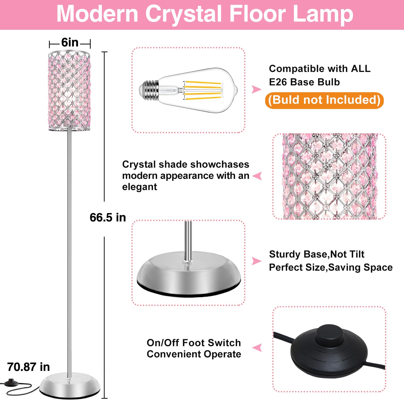 Crystal Floor Lamp, Elegant Standing Lamp Modern Floor Lamp Silver Finish Tall Pole Lamp Accent Light with On/Off Foot Switch for Living Room, Girl Bedroom, Dresser, Office