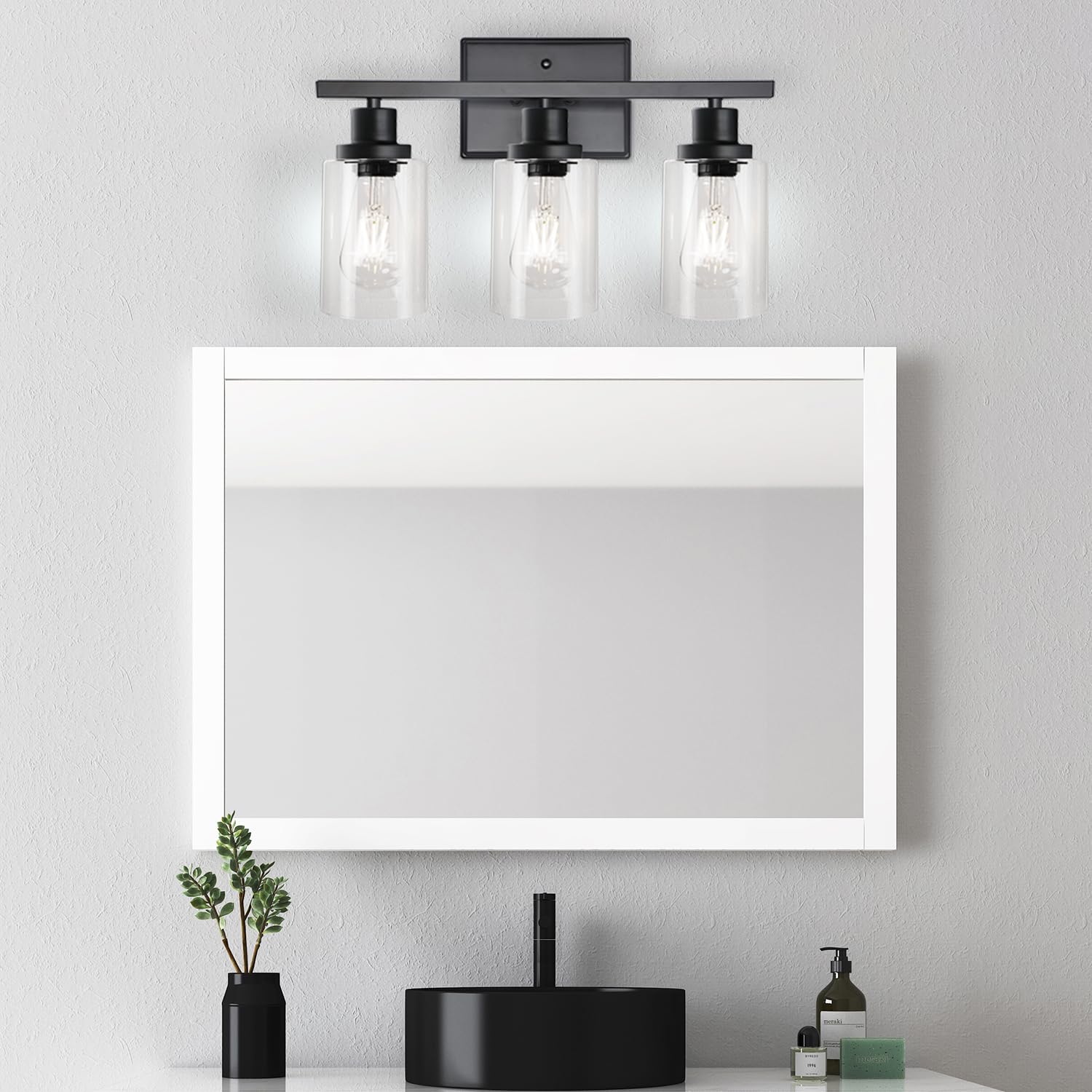 Ascher Bathroom Vanity Light Fixtures, 3 Light Wall Sconces Lighting with Clear Glass Shade, Brushed Nickel Wall Lights for Mirror, Kitchen, Living Room, Gallery, E26 Base (Bulbs Not Included)