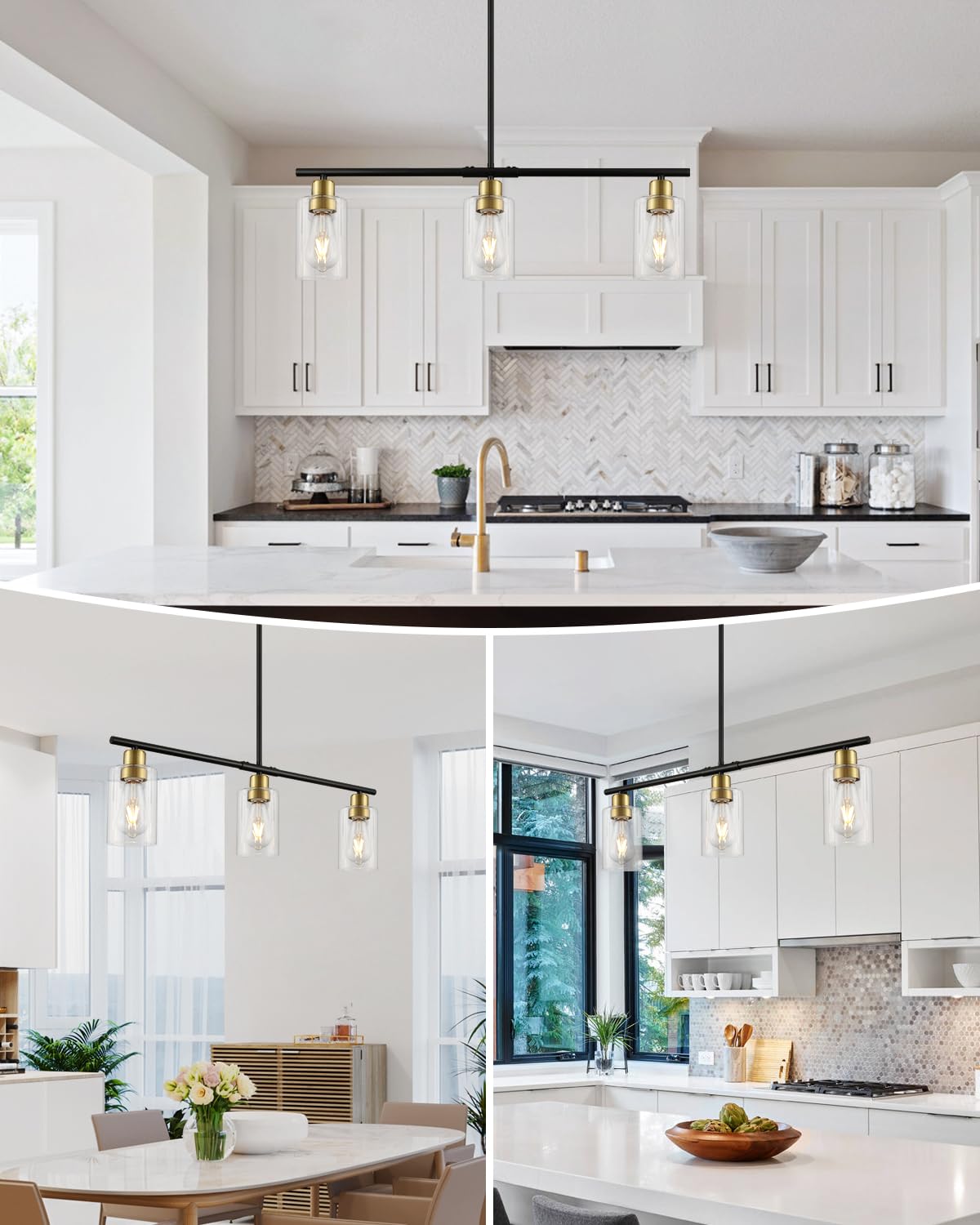 3 Lights Kitchen Island Lighting, Black Pendant Light Fixtures with Glass Shade Dining Room Light Fixture Adjustable Farmhouse Chandelier Modern Pendant Lights Ceiling Hanging Lighting E26 Base