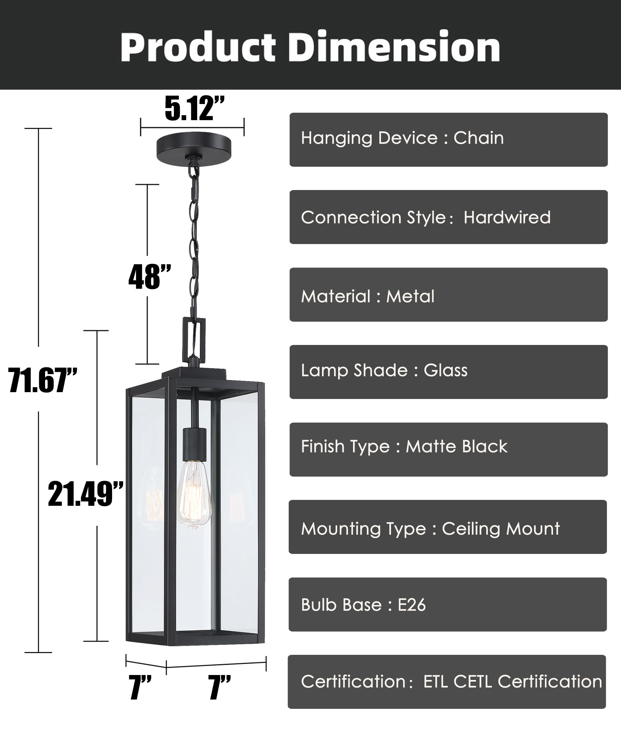 17 Inch Outdoor Pendant Light,Front Porch Outdoor Pendant Light,Metal and Glass Outdoor Hanging Light Ceiling Mount Exterior Hanging Lantern for Front Porch Ceiling Light, E26