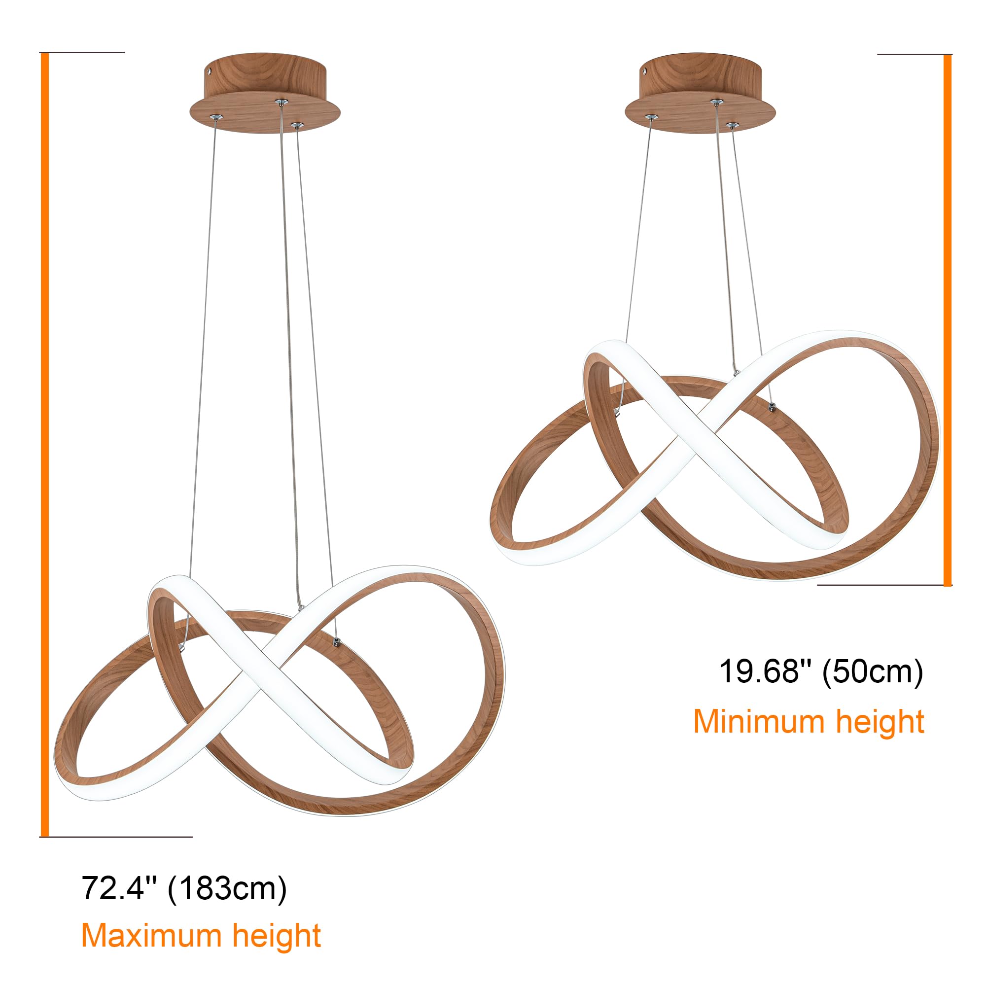 Modern LED Chandelier, LED Pendant Light in Wood Finish, Adjustable Height Chandeliers with Irregular Ring, Modern Chandeliers for Dining Room Kitchen Island Living Room Bedroom, 6000K Daylight