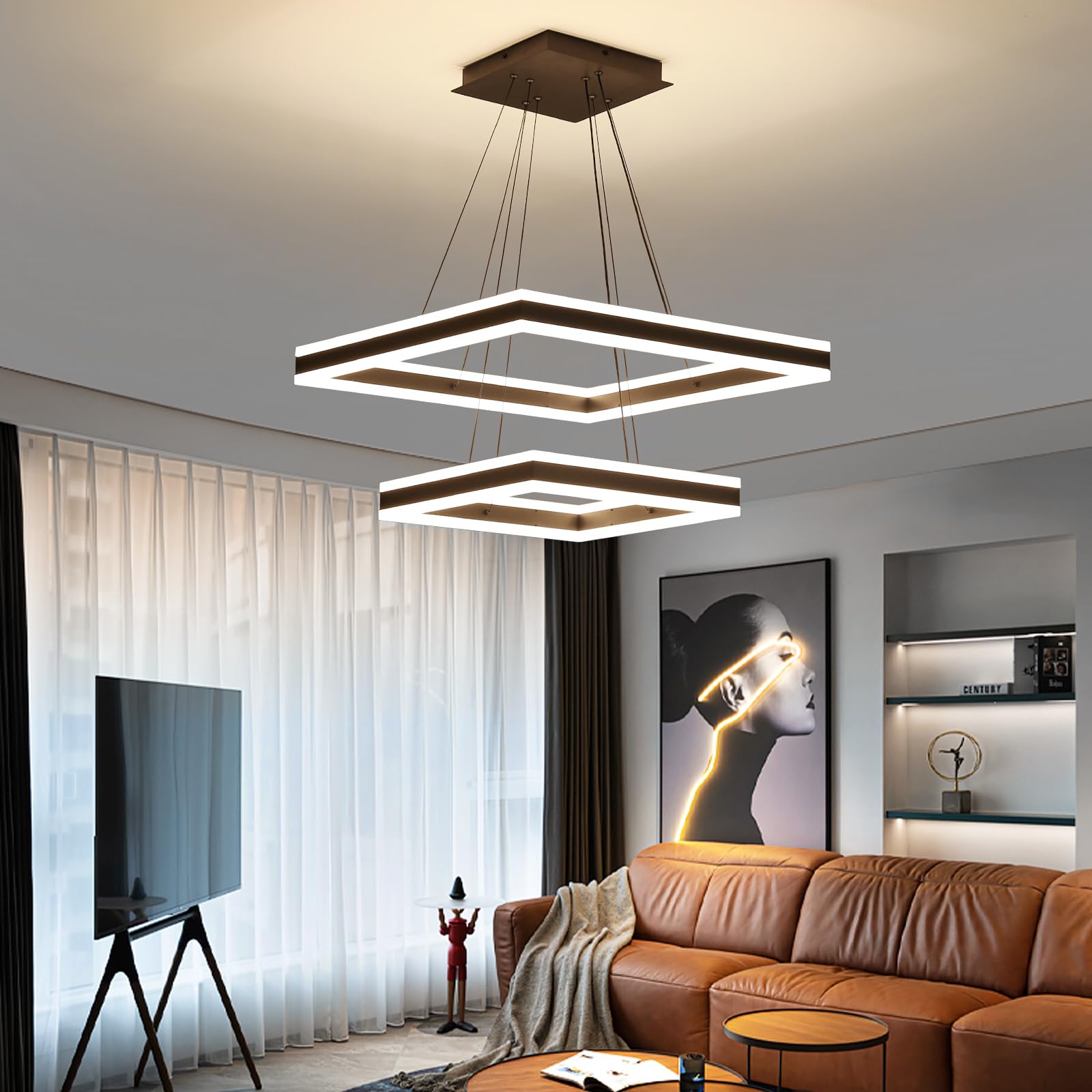 Modern LED Chandelier, Double Rectangles Ceiling Pendant Lights, LED Island Lights Dimmable Chandeliers for Dining Room Living Room Bedrooms, Black (40CM/60CM)