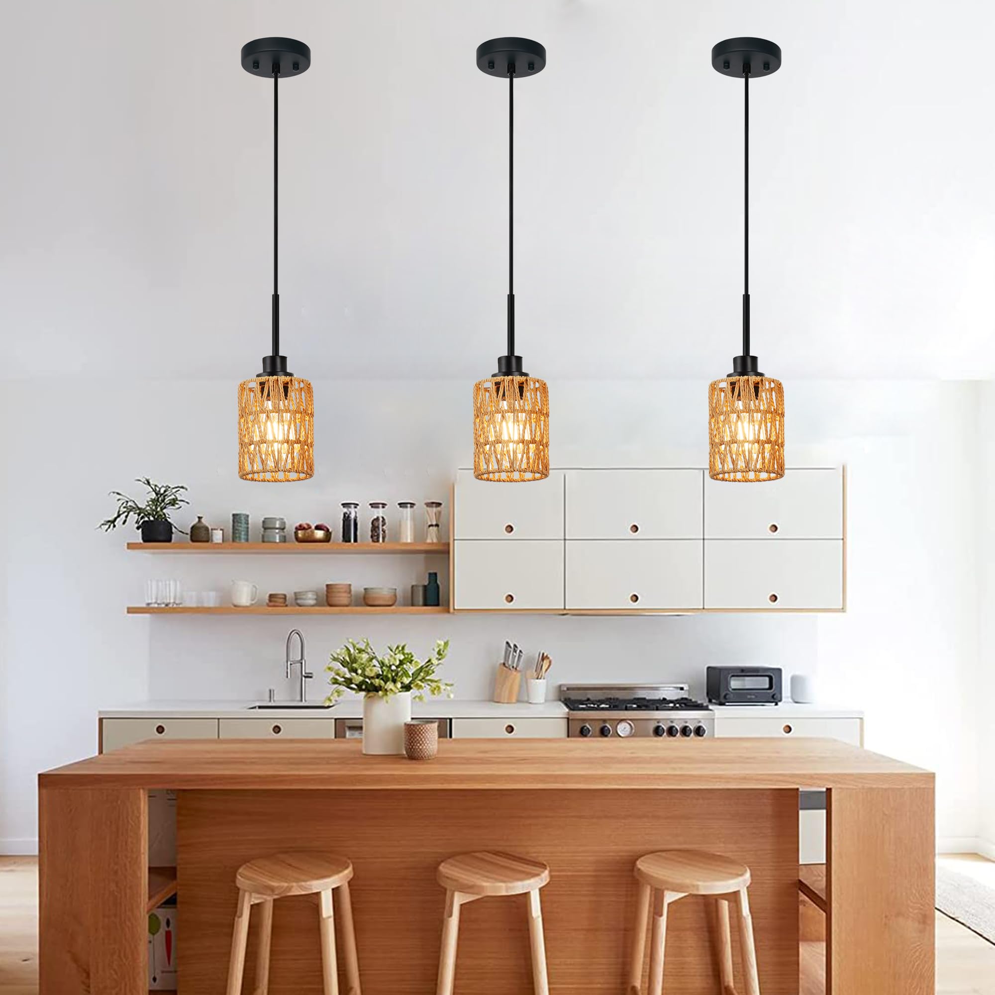 2 Pack Rattan Hanging Light Fixture Boho Pendant Light Black Adjustable Dining Table Light Fixture with Rattan Lamp Shade, Set of Two Mini Pendant Lighting for Kitchen Island Hallway Stair