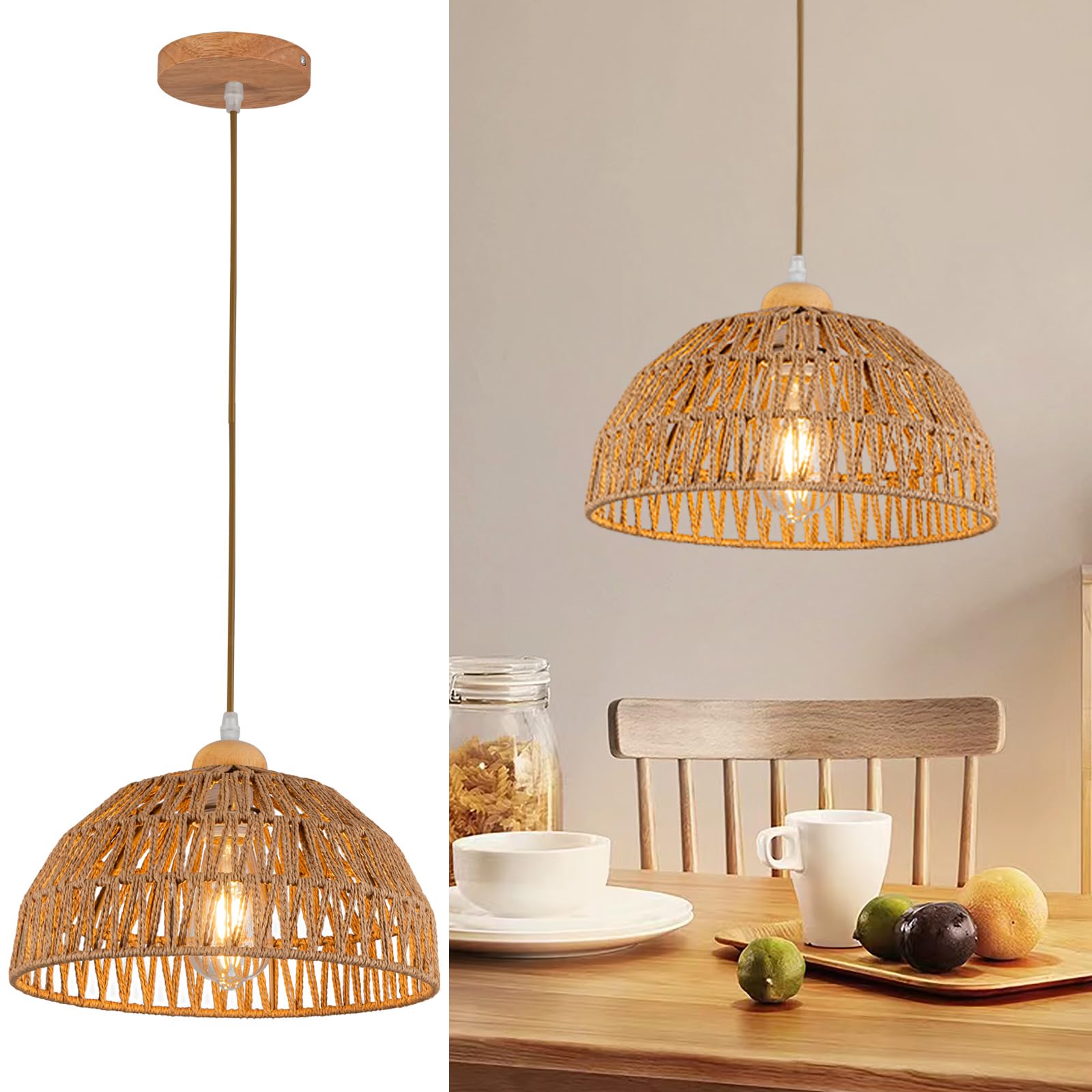 Rattan Pendant Light Fixture Basket Hanging Drum Chandelier Basket Light White Boho Ceiling Light Flush Mount Ceiling Light Woven Kitchen Chandelier for Dinning Room Hallway Bedroom Chandelier