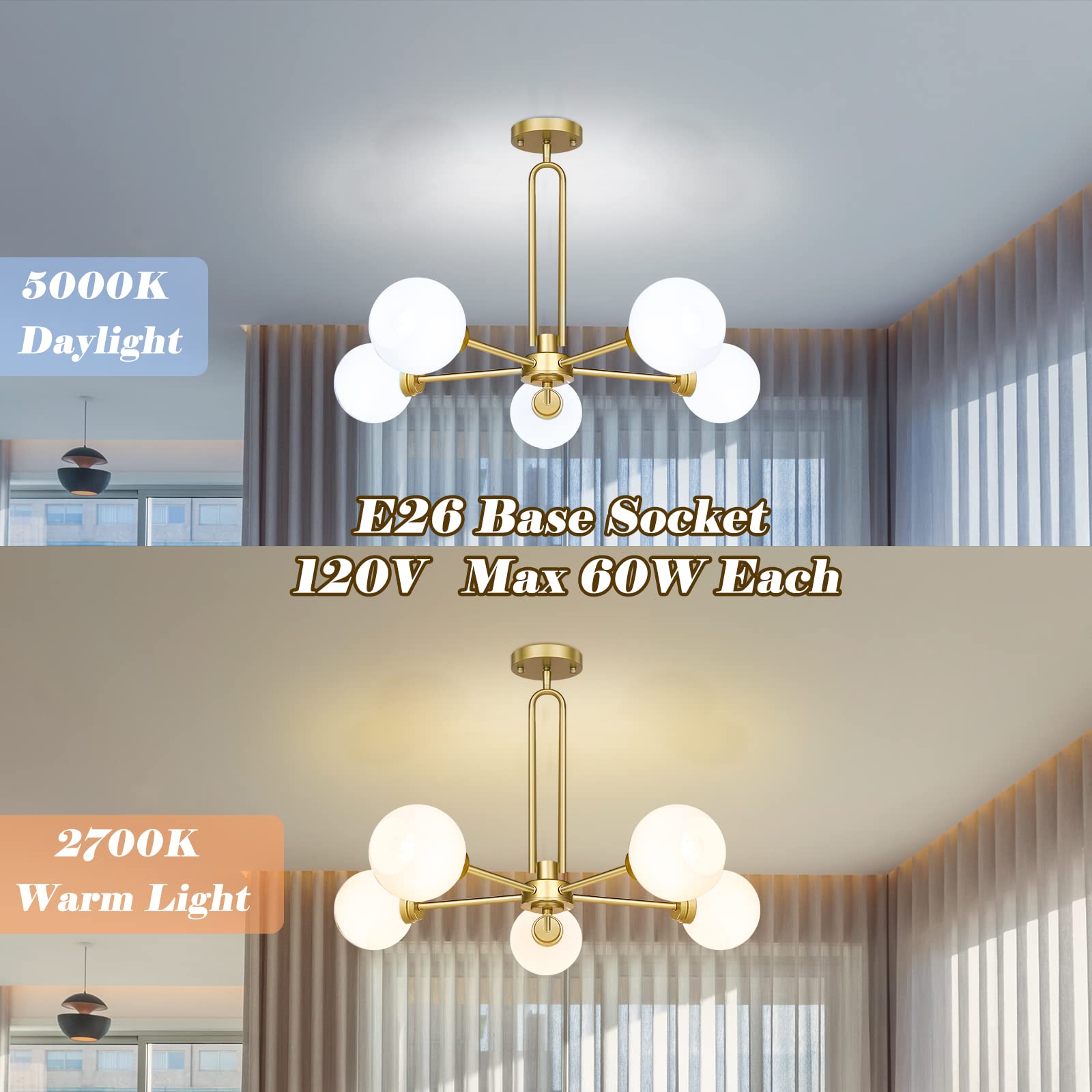 Globe Chandelier Pendant Lighting, Gold Modern Large Semi-Flush Ceiling Light Fixture with Clear Glass, 5-Light Dining Room Light Fixture, Sputnik Light Fixture for Kitchen Living Room Bedroom