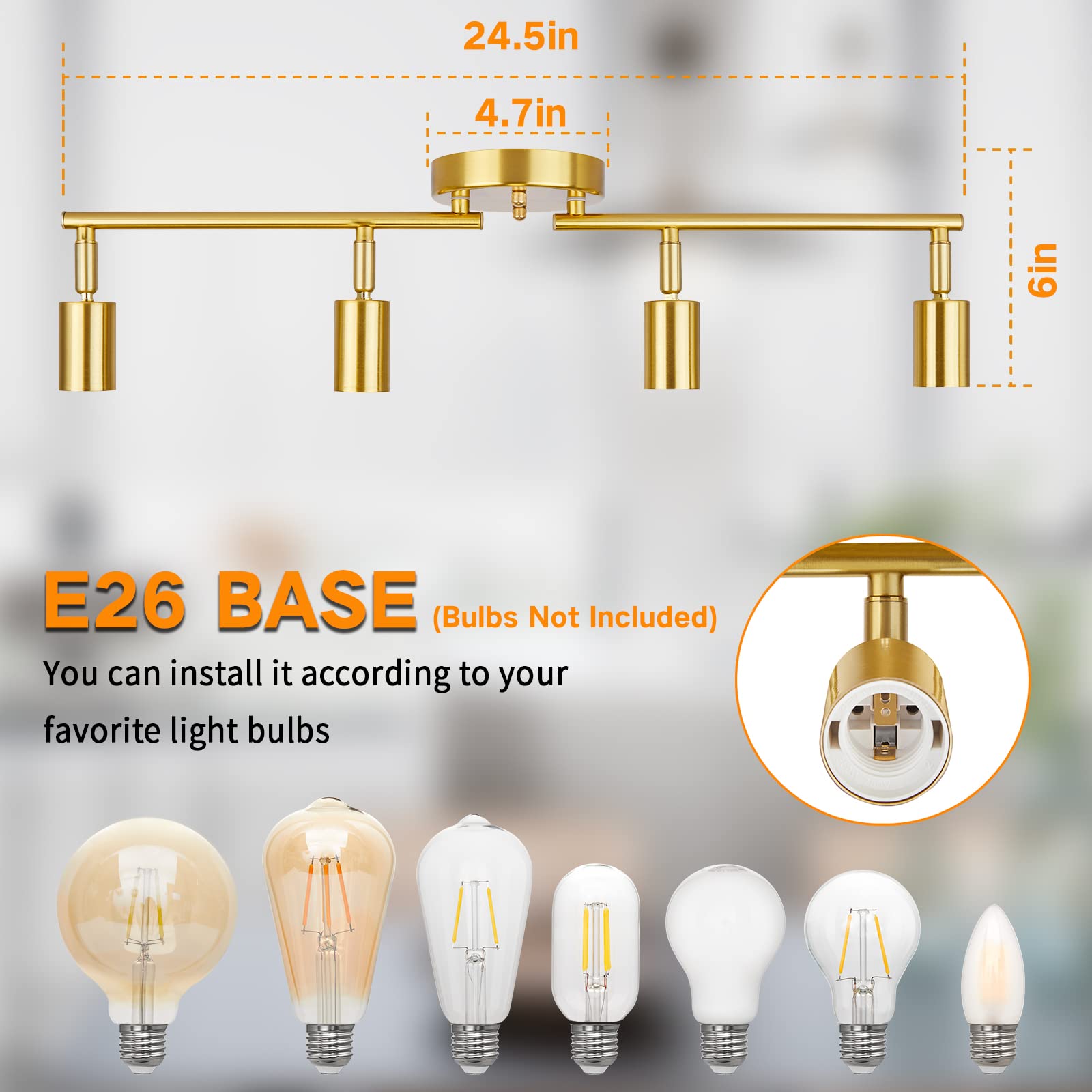 4 Lights Track Lighting Fixtures Ceiling, Flush Mount Gold Track Lights Kit, Modern Directional Kitchen Ceiling Lamp with Flexibly Adjustable E26 Light Heads, for Living Room, Office