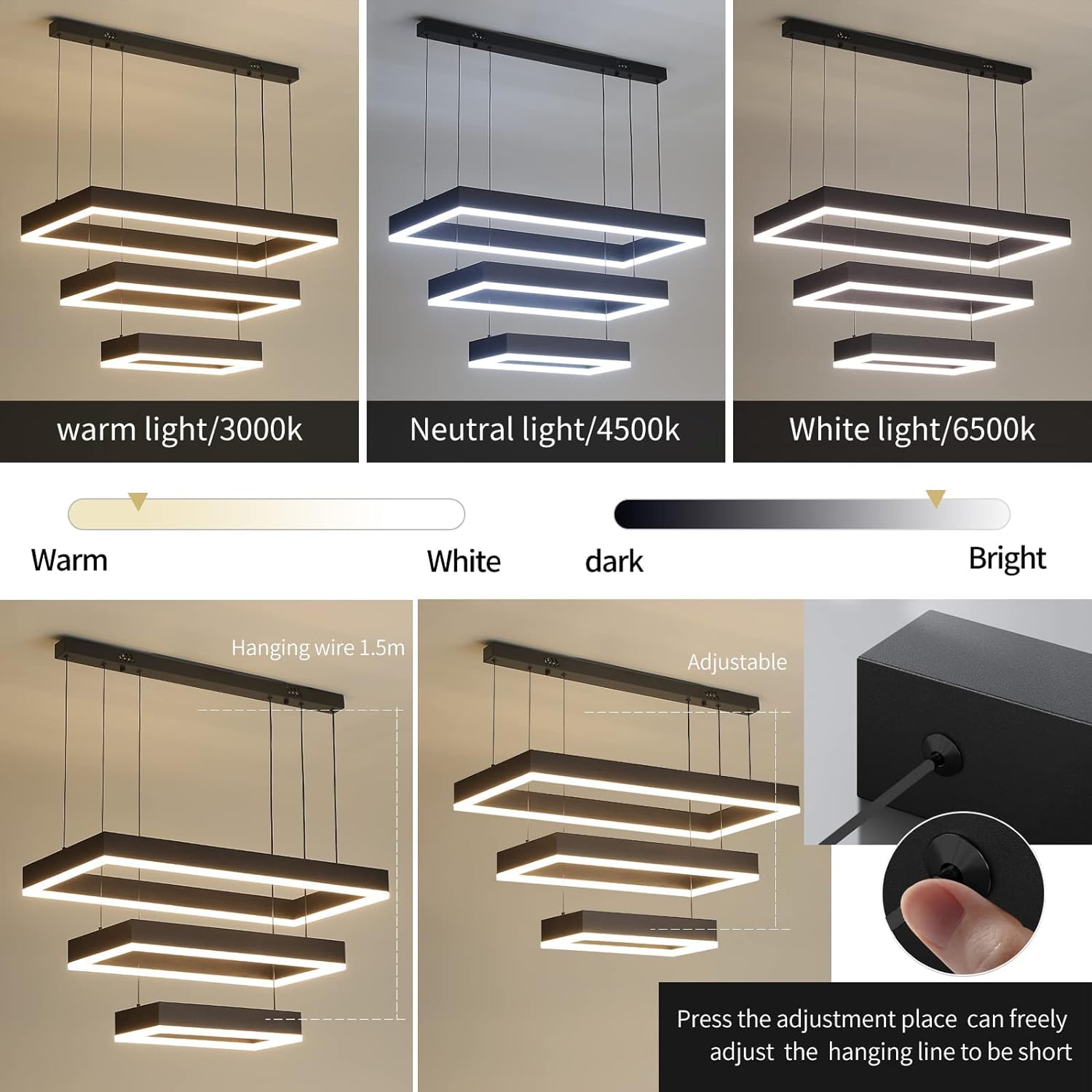 Modern LED Chandelier, Double Rectangles Ceiling Pendant Lights, LED Island Lights Dimmable Chandeliers for Dining Room Living Room Bedrooms, Black (40CM/60CM)