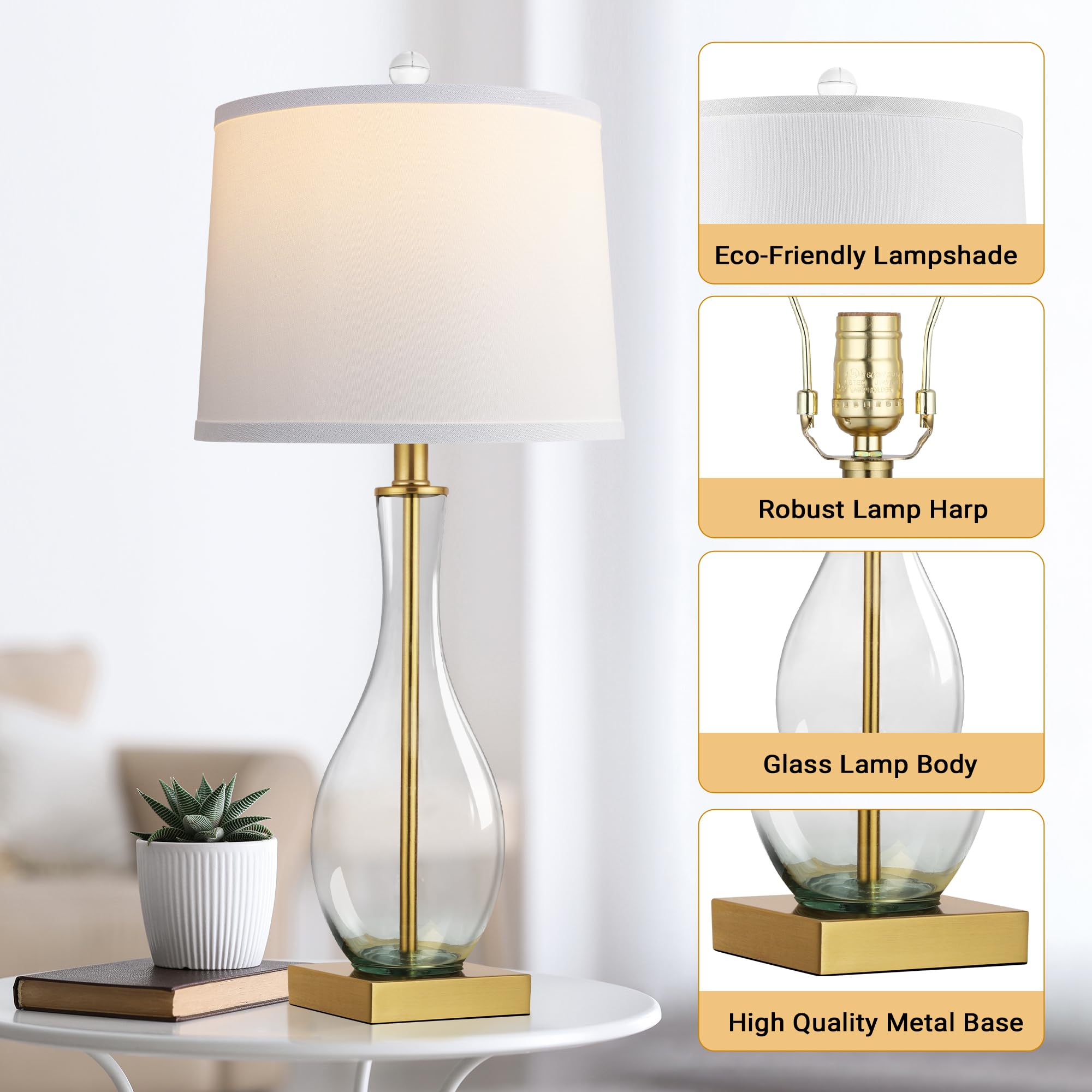 Table Lamps Set of 2 with Touch Control, 3-Way Dimmable Modern Glass table lamp for Living Room with USB C and A Charging Ports， 27" Bedside Desk Lamps for Nightstand Decorations(LED Bulbs Included)