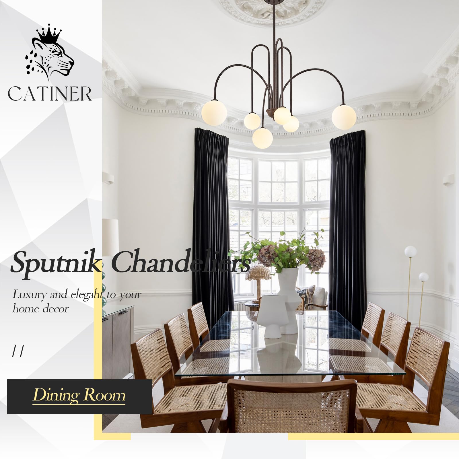 Gold Sputnik Chandeliers for Dining Room,Mid Century Crystal Glass Chandeliers 6 Lights Modern Ceiling Pendant Light Fixtures Iceberg Shape for Living Room Kitchen Island Bedroom