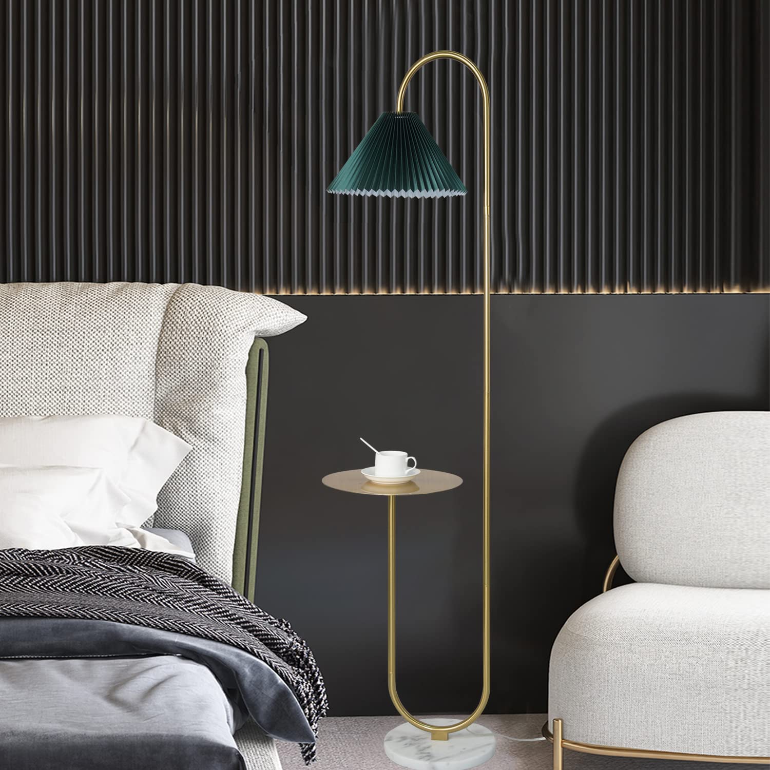 Modern Elegant with Tray Floor Lamp for Office Cafe Den Living Room Bedroom, Foot Switch and Brass/Gold Finish,Light Yellow Pleated Cloth Lampshade