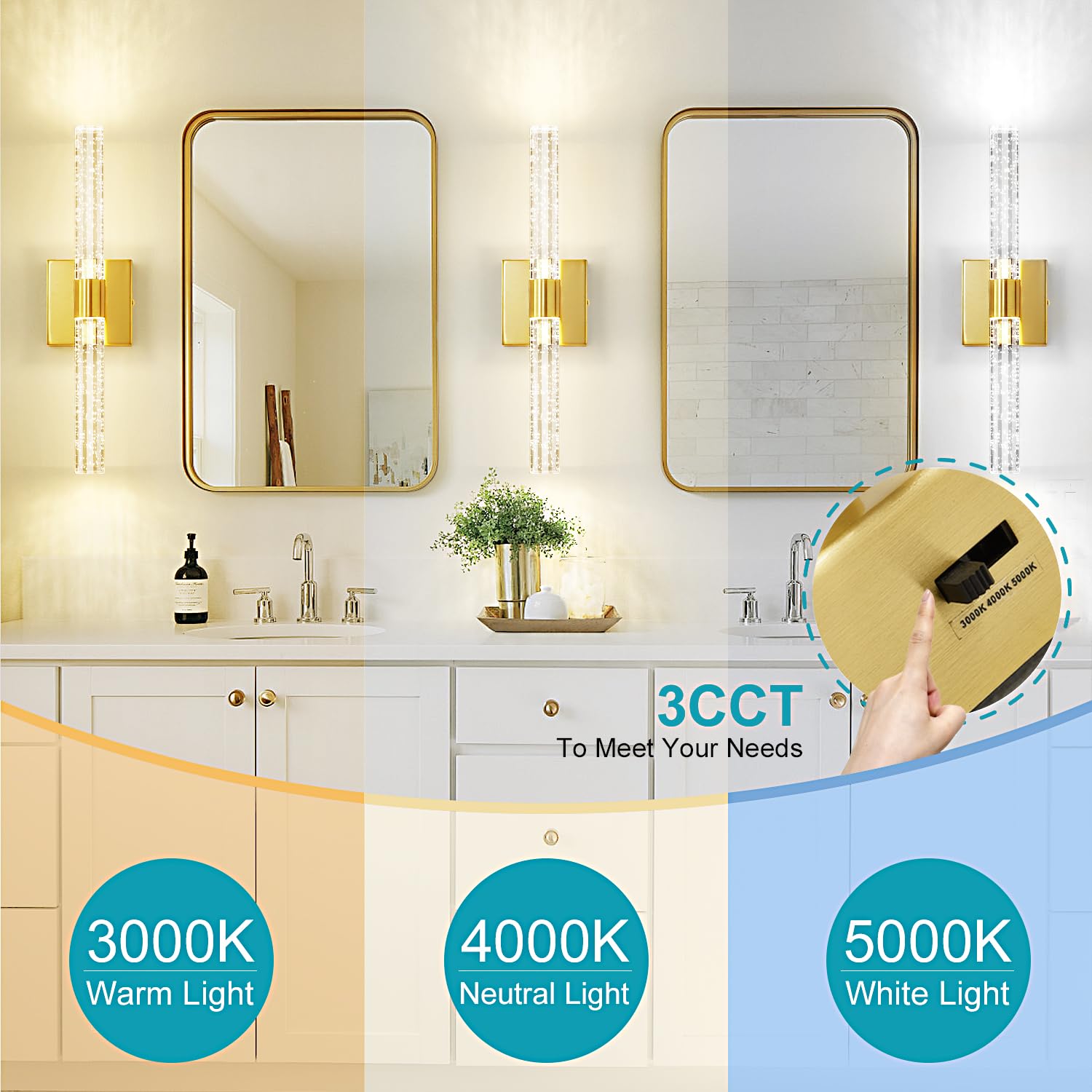 Gold Wall Sconce, Bathroom Light Fixtures in Clear Glass Indoor Wall Sconces, Modern Sconce Wall Lighting Up and Down Vanity Lights Fixtures for Bathroom,Living Room,Hallway, Kitchen