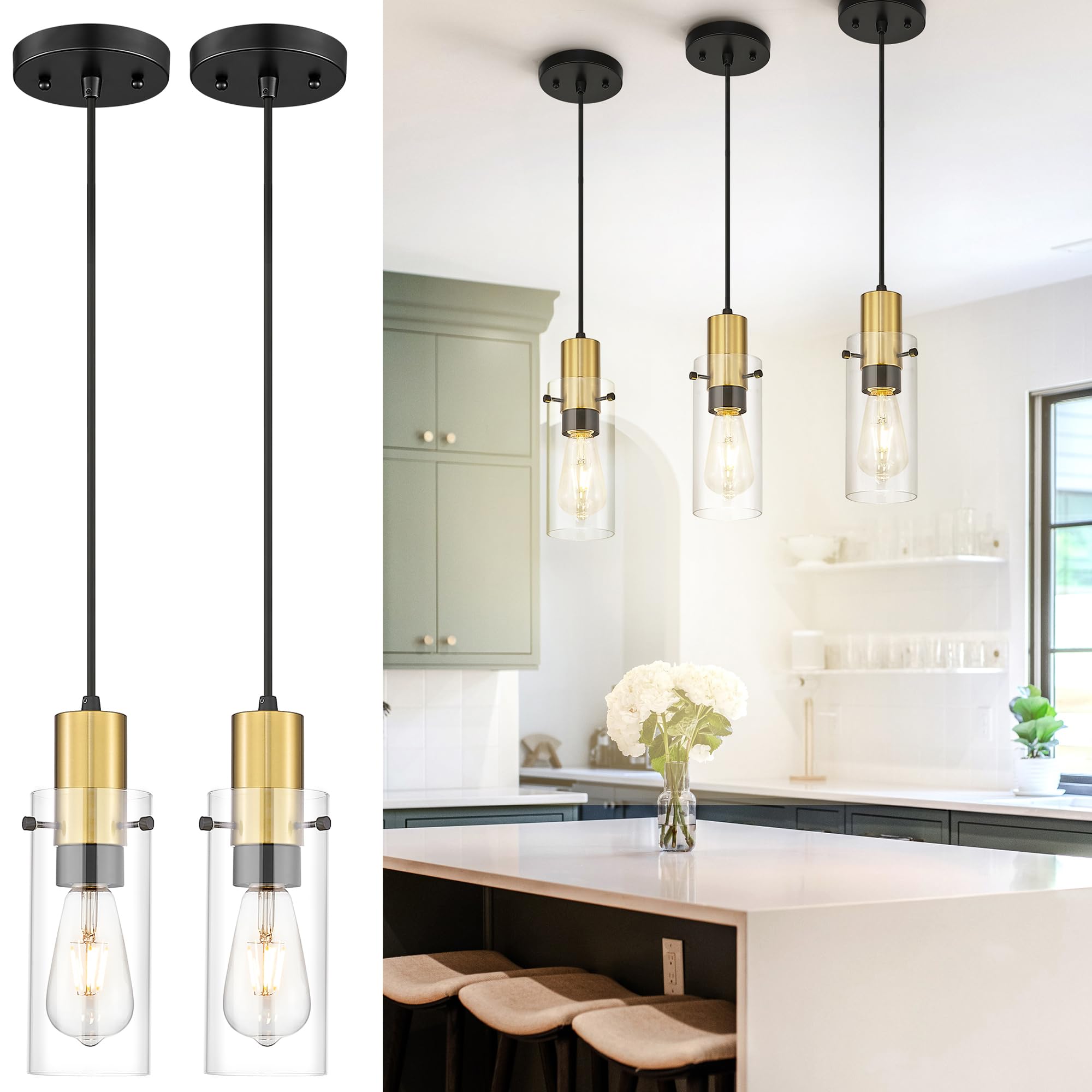 Emak Gold Pendant Light Fixtures, 3-Light Pendant Lights with Clear Glass Shade, Modern Farmhouse Hanging Lights for Kitchen Island, Dining Room, Bathroom, Bedroom, PL120-GD-CL