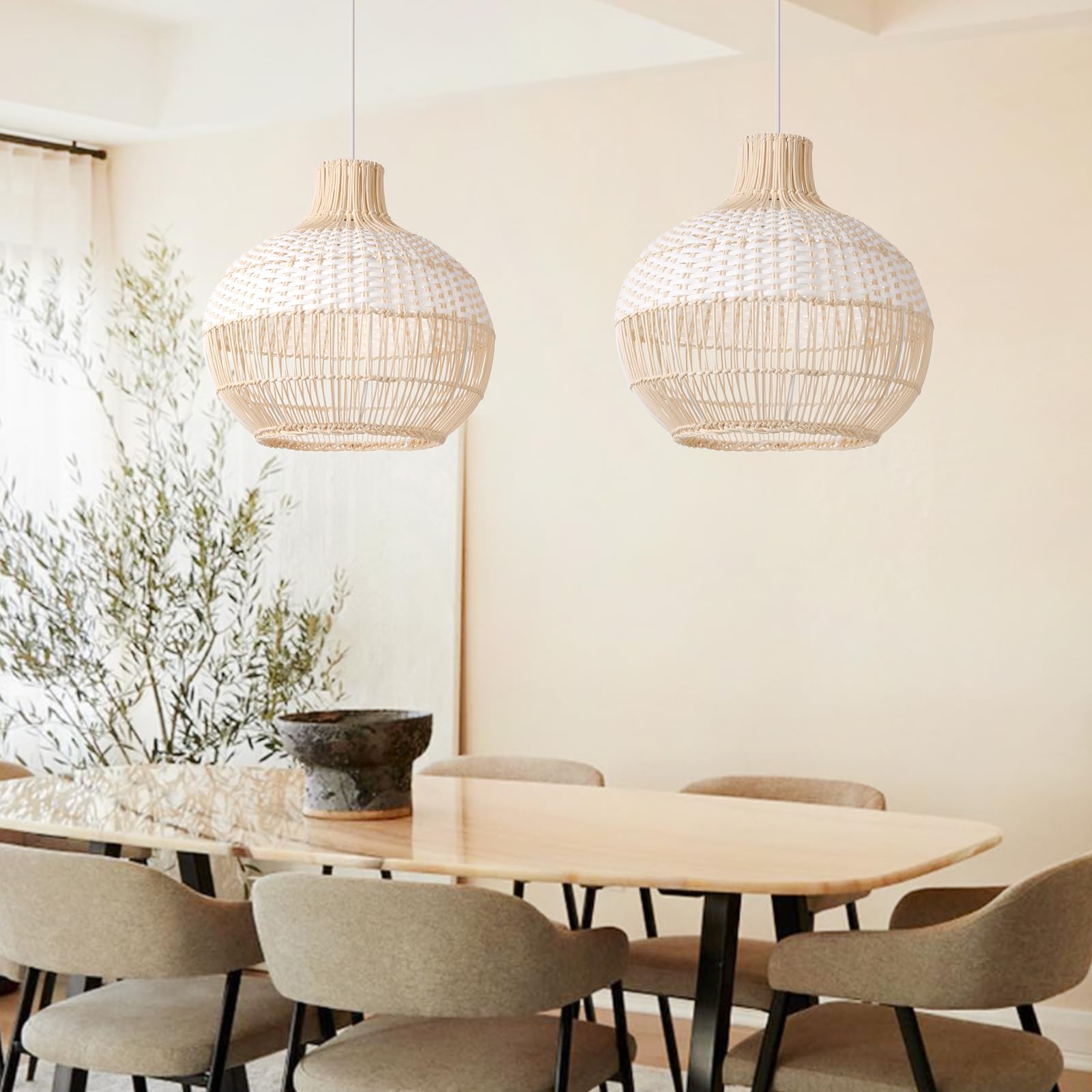 White Rattan Pendant Lights, Farmhouse Coastal Wicker Hanging Ceiling Lighting Chandelier, Handmade Woven Lampshade for Kitchen Island