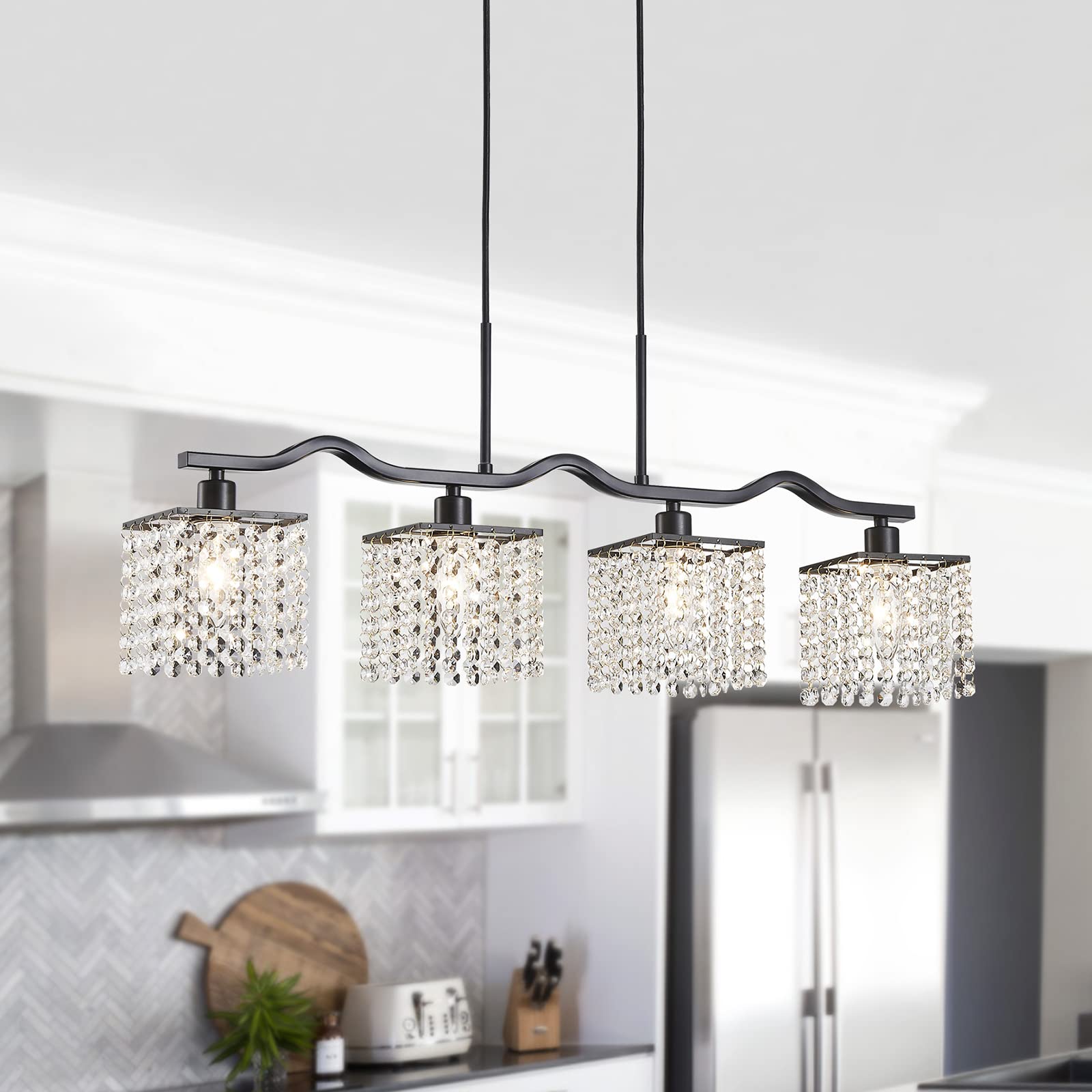 WUZUPS Crystal Chandelier 4-Light Linear Raindrop Pendant Ceiling Light Modern Lighting Fixture for Bedroom Dinning Room Bar Kitchen Island, H8.7'' W4.7'' L30.5, E12 Base, Nickel