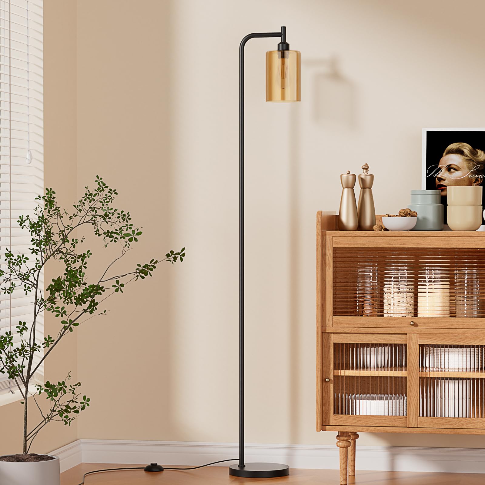 Industrial Floor Lamp with Glass Shade - Black, LED Bulbs, Foot Pedal Switch, Easy Assembly