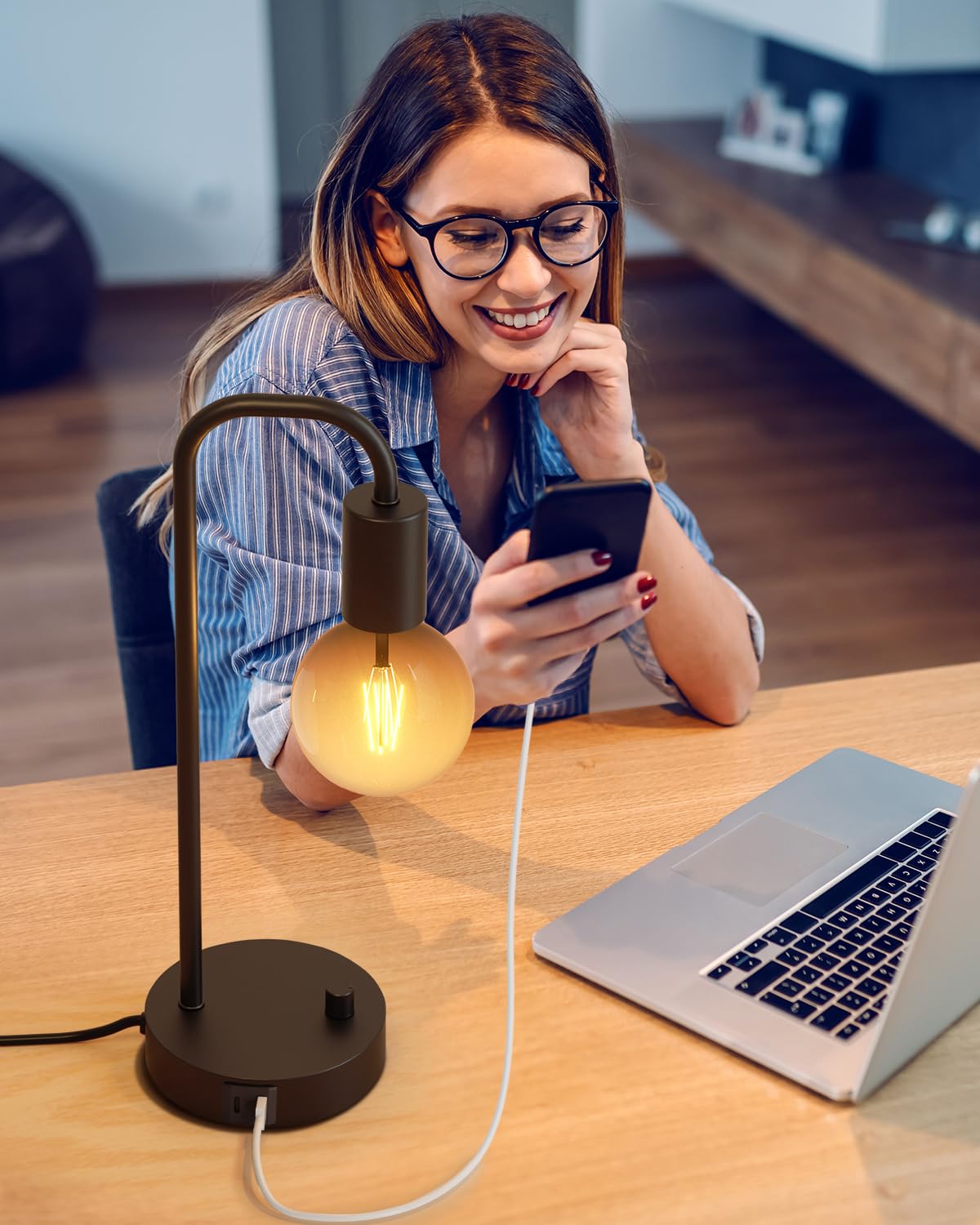 Industrial Table Lamp for Bedroom, Fully Dimmable Modern Bedside Lamps with 2700K Warm Light Bulb for Kids Reading, Minimalist Nightstand Lamps for Living Room, Office (Bulb Included)