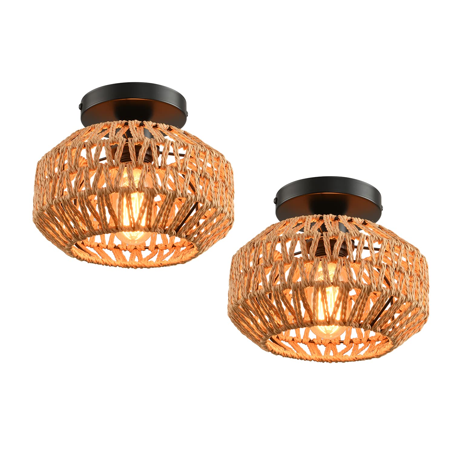 2 Pack Farmhouse Light Fixtures Ceiling Mount,Mini Rattan Boho Semi Flush Mount Ceiling Light,Hand Woven Hallway Light Fixtures for Bedroom Entryway Nursery Study Room (2 Pack)