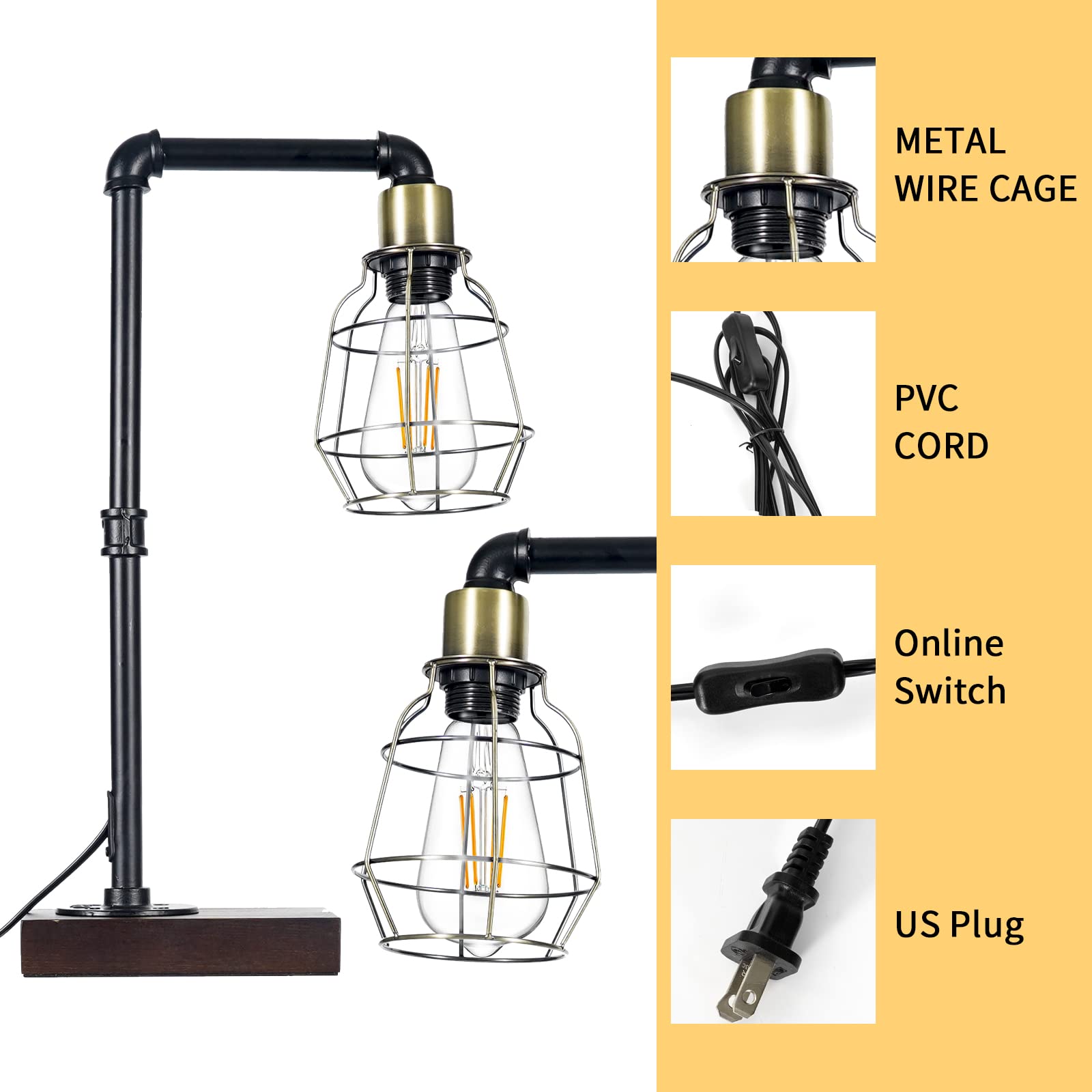 CONCA Industrial Steampunk Table Lamp, Edison Bulb, Metal, A-Black, 19.6x11.7x5.35 inches, 3 lbs, E26 Base, 800 Lumen, 120V