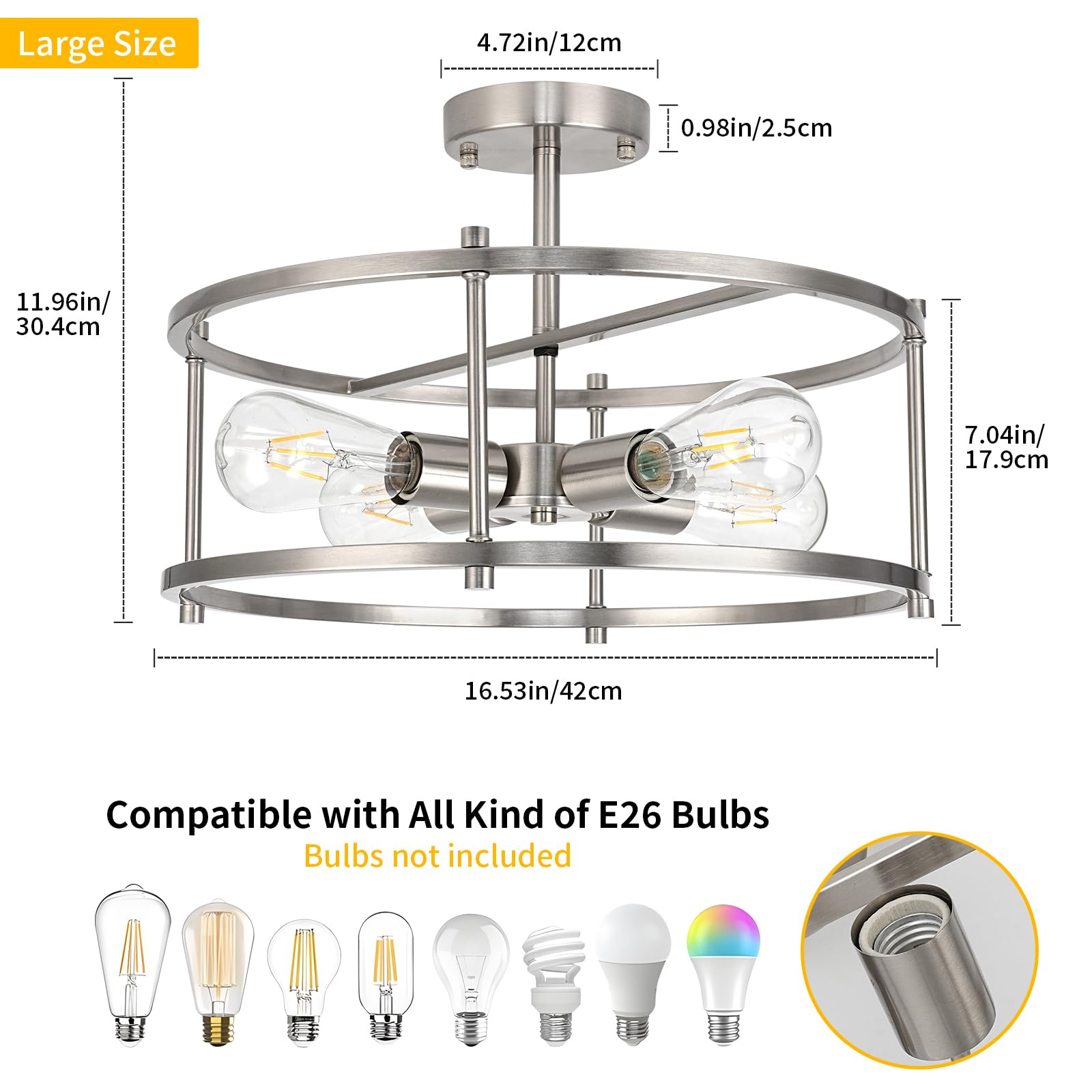 Semi Flush Mount Ceiling Light Brushed Nickel Ceiling Light Fixtures 3-Light Modern Kitchen Light Fixtures Metal Cage Ceiling Lights for Bedroom Dining Room Living Room Hallway Foyer