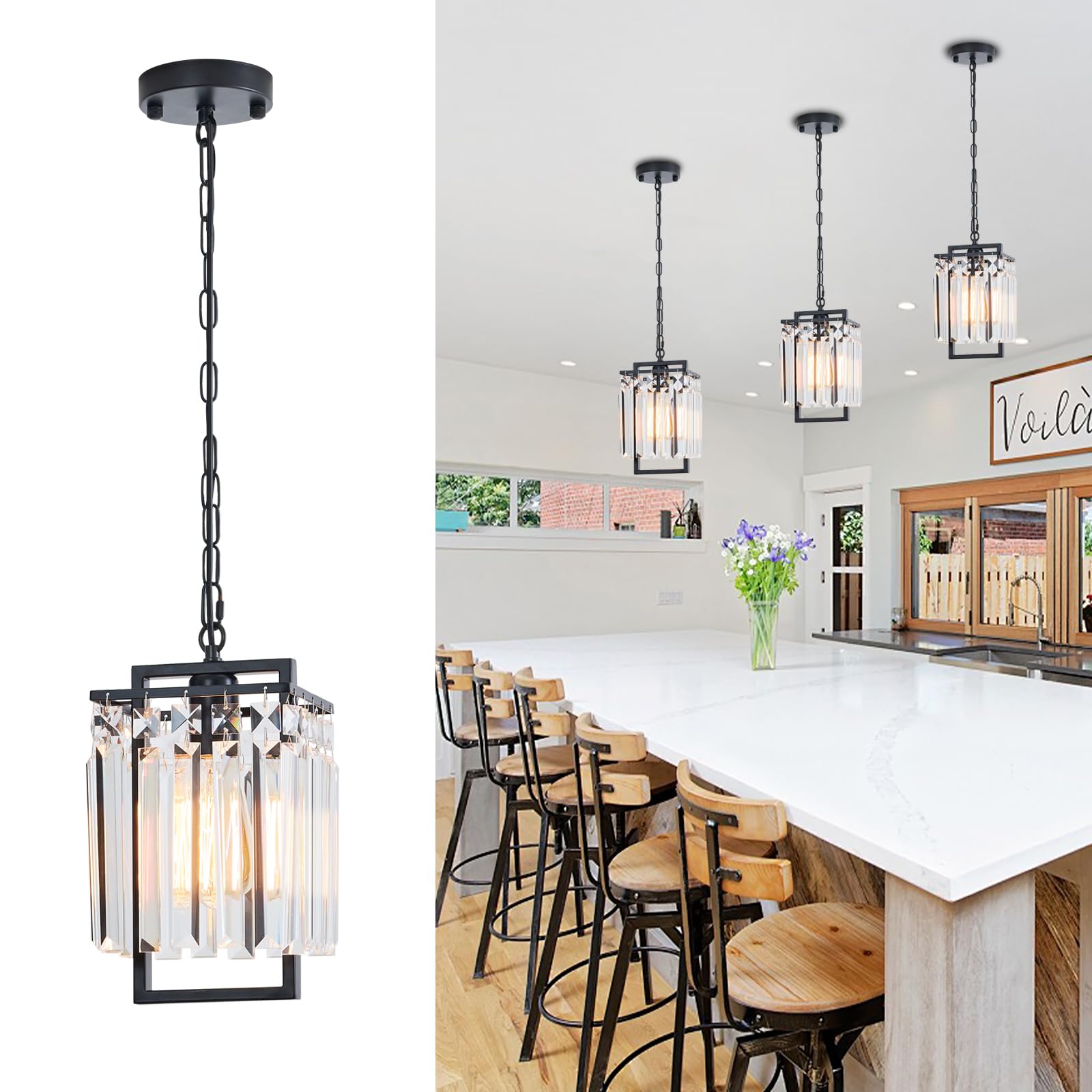 Gold Crystal Chandelier Industrial Pendant Light 11.81 inch Square 4 Lights Modern Vintage Semi Flush Mount Ceiling Light Fixture for Kitchen Island Dining Room Living Room Bedroom