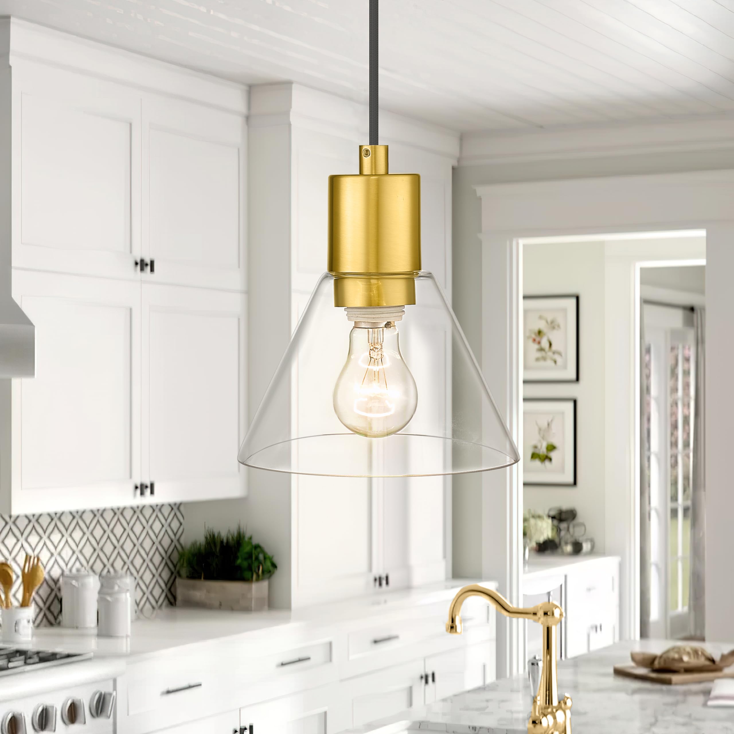 1-Light Gold Glass Pendant Light, Modern Kitchen Pendant Hanging Light with Clear Glass Shade in Gold Finish, LMS-103