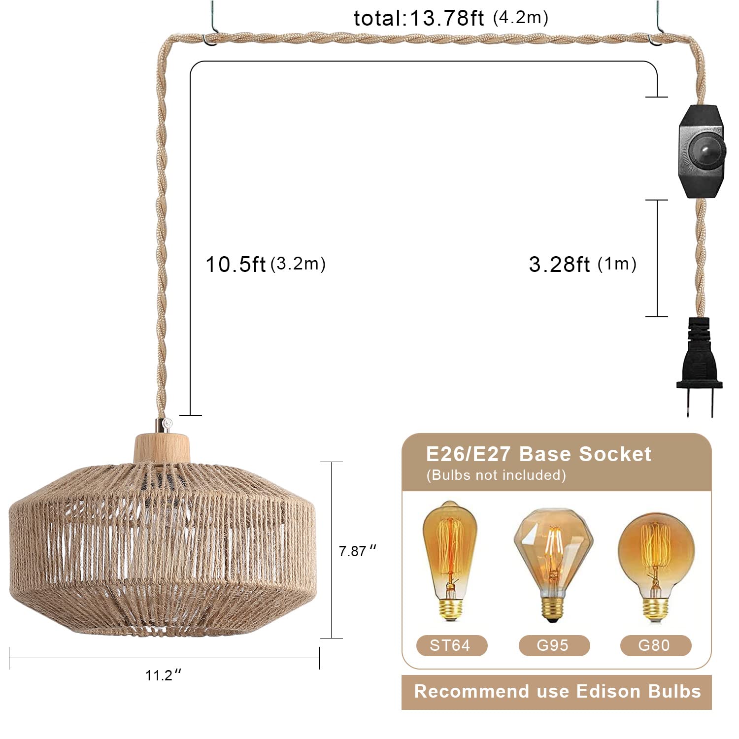 Coastal Large Woven Pendant Light Fixture 17.8 inch One-Light Adjustable Natural Hemp Rope Cage Pendant Lighting for Kitchen Island Dining Room Living Room Farmhouse