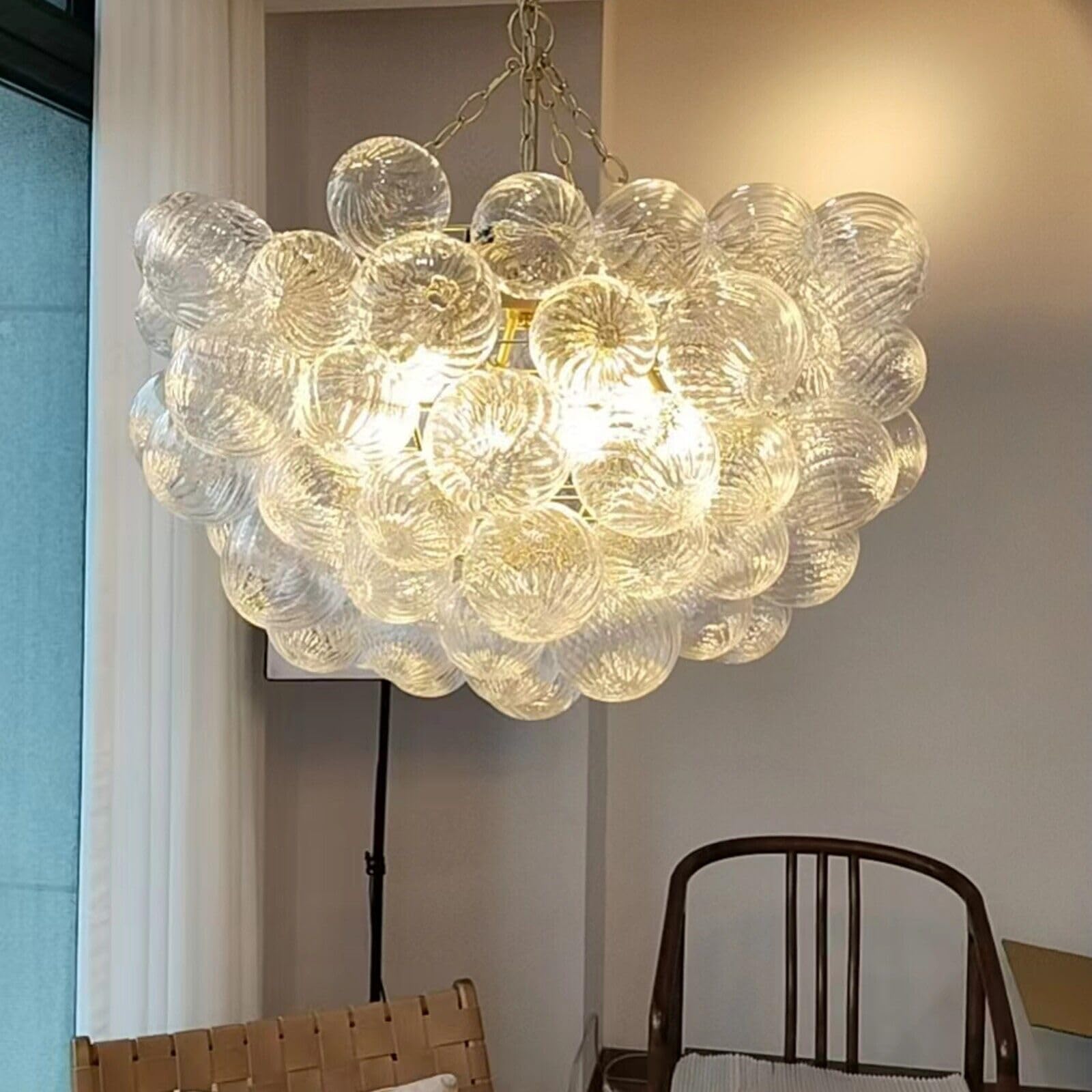 Semi Flush Mount Ceiling Bubble Ball Chandelier Lighting Dia 20 Inch Gold Clear Ribbed Blown Glass Chandeliers Ceiling Medallions Light Fixtures for Bedroom, Living Room, Entry, Bathroom