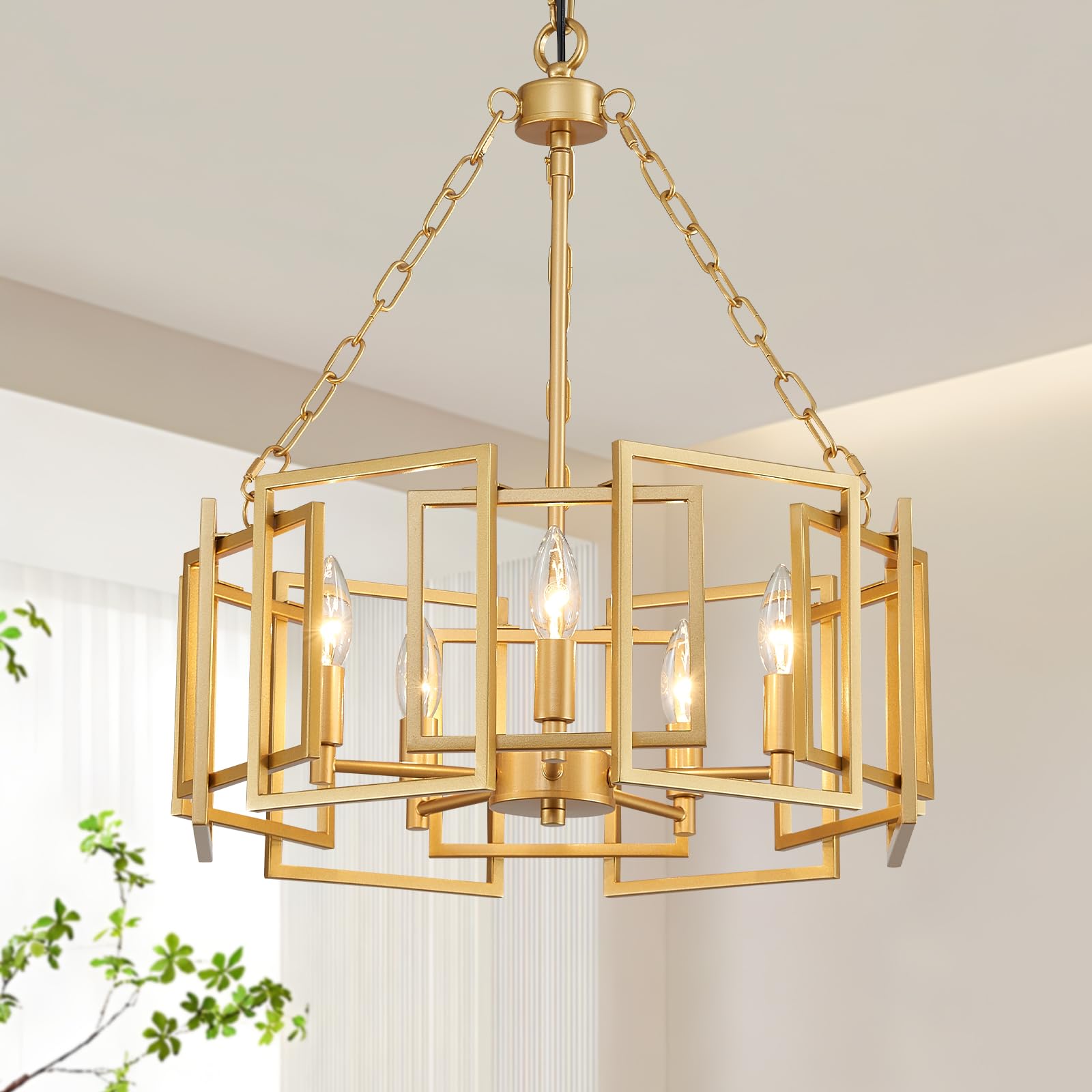 Gold Chandelier 5-Light Modern Kitchen Island Lighting Fixtures, Farmhouse Pendant Light 20 inches Retro Height Adjustable Ceiling Light for Dining Room, Bedroom, Living Room,Foyer