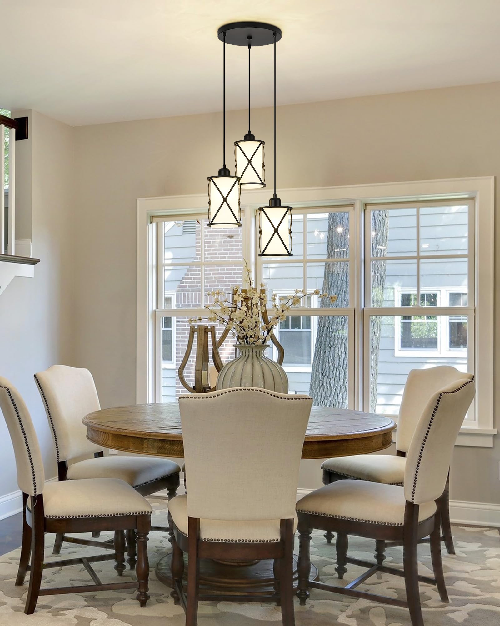 Brushed Gold Pendant Light Fixtures, 3-Light Modern Dining Room Cluster Pendant Light with Milky Glass, Mid Century Cage Hanging Pendant Lighting for Kitchen, Adjustable, CH9176BGW3