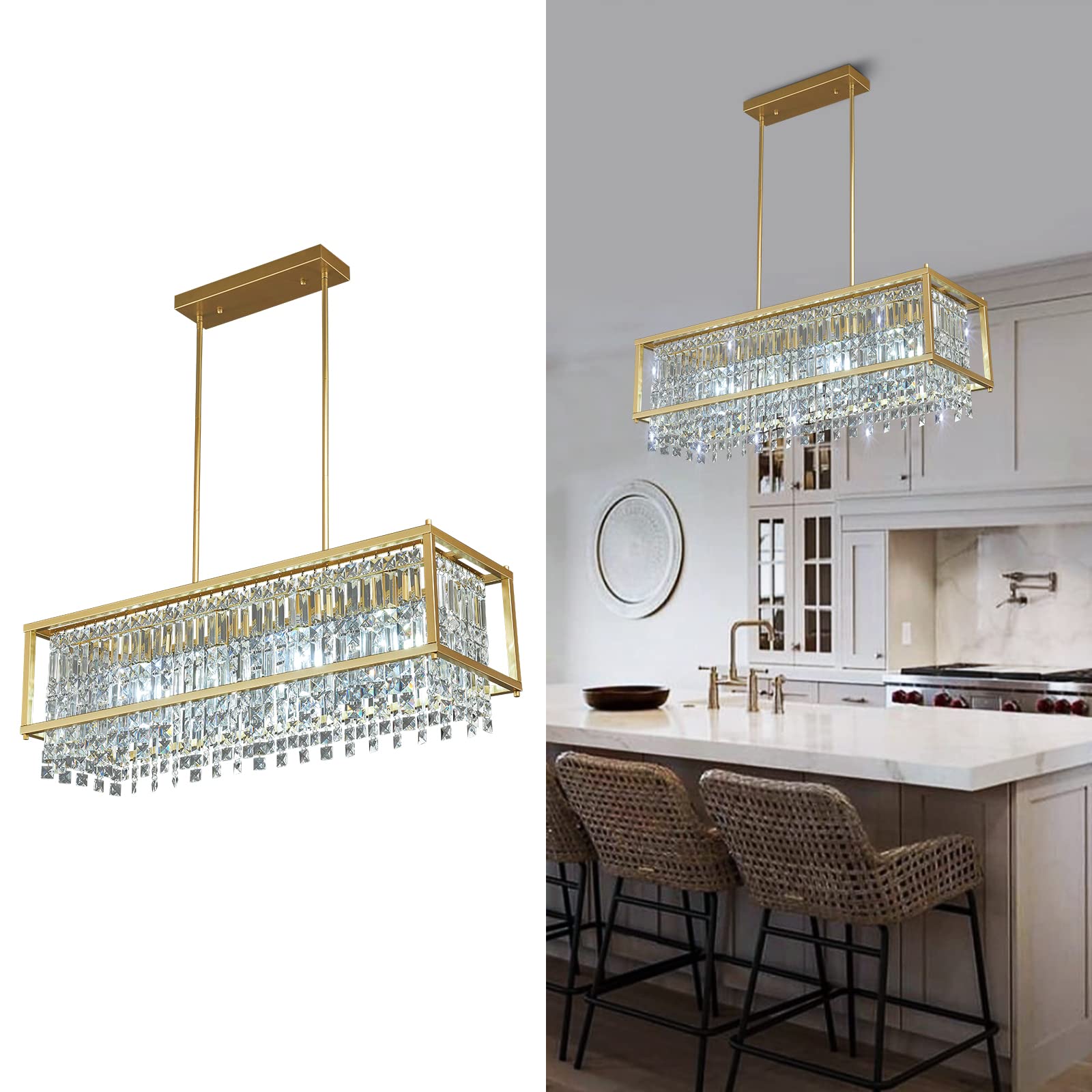 4-Light Dining Room Light Fixture 11.81 inch Square Lndustrial Farmhouse Chandelier Gold Metal Crystal Pendant Light for Kitchen Island Dining Room Living Room Flat and Inclined Ceiling