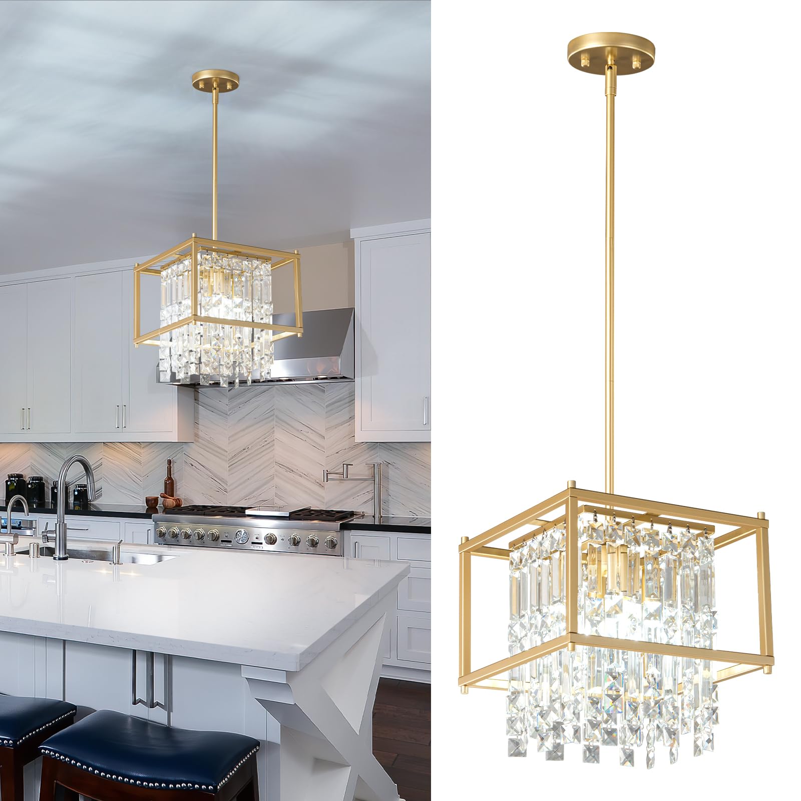 4-Light Dining Room Light Fixture 11.81 inch Square Crystal Chandelier Industrial Farmhouse Chandelier Gold Pendant Lighting for Kitchen Island Dining Room Living Room Flat and Inclined Ceiling