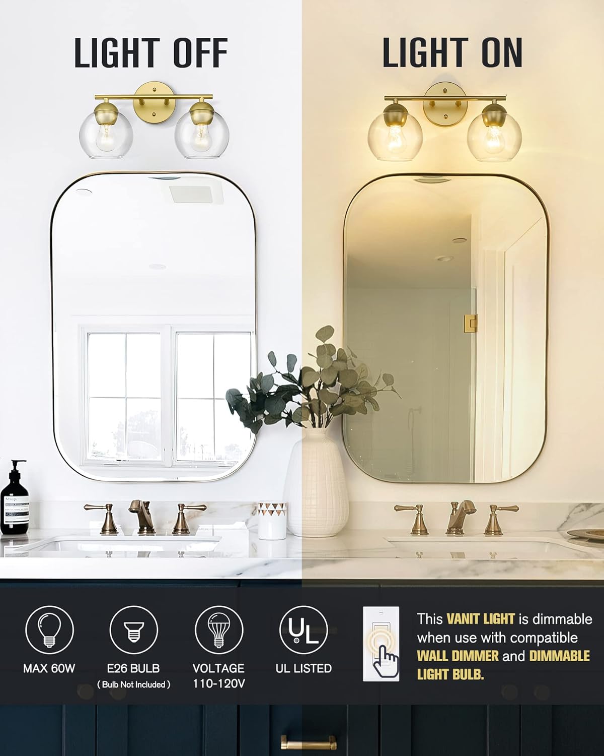 Black Vanity Lights for Mirror, Modern Farmhouse 2-Light Bathroom Light Fixtures Globe Bathroom Vanity Light with Milk Glass Shade, VL114-BK-ML-2