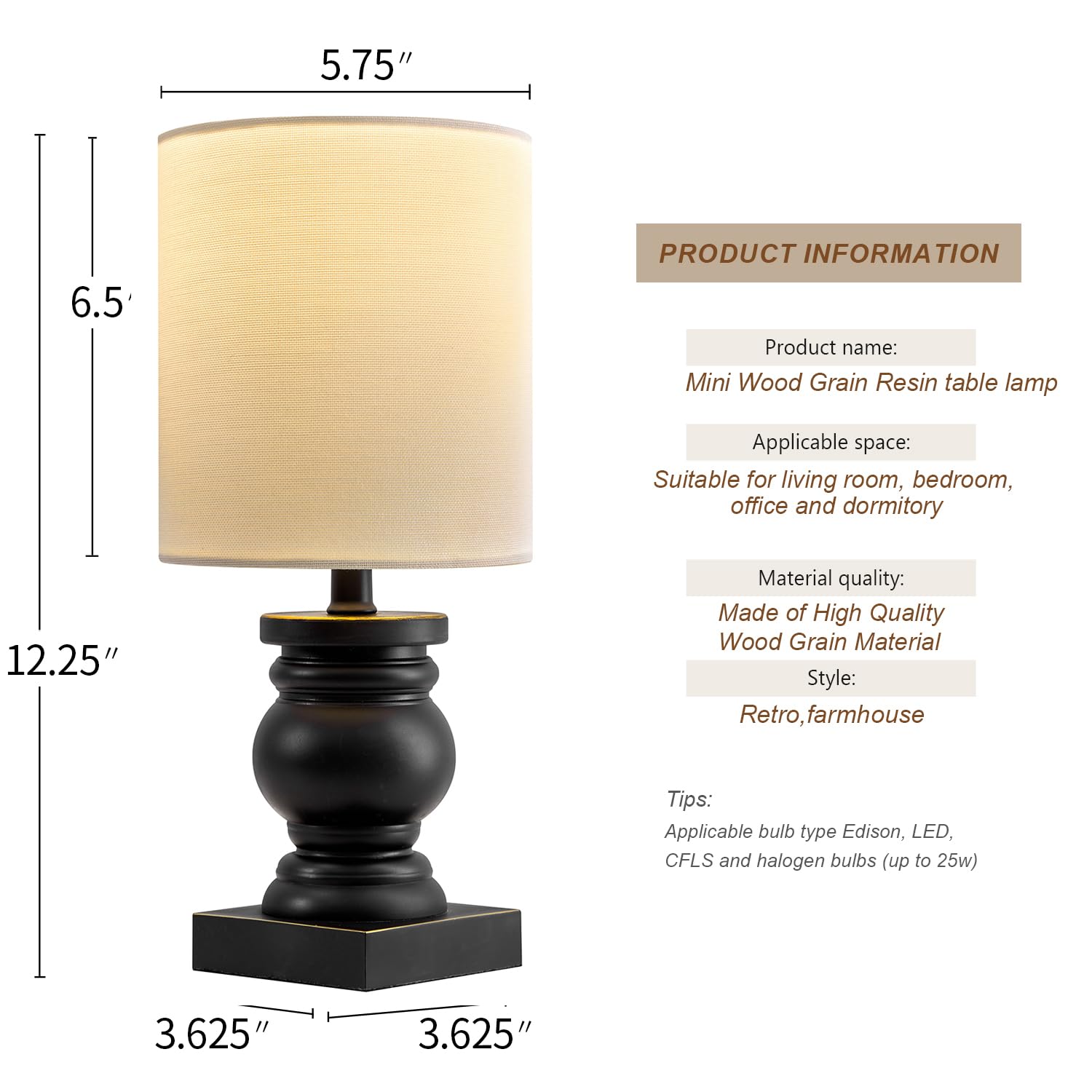 12.25" Small Table Lamp for Bedroom Living Room Simple Retro Wood Grain Farmhouse Bedside Lamps Suitable for Nightstand Children's Room or University Dormitory