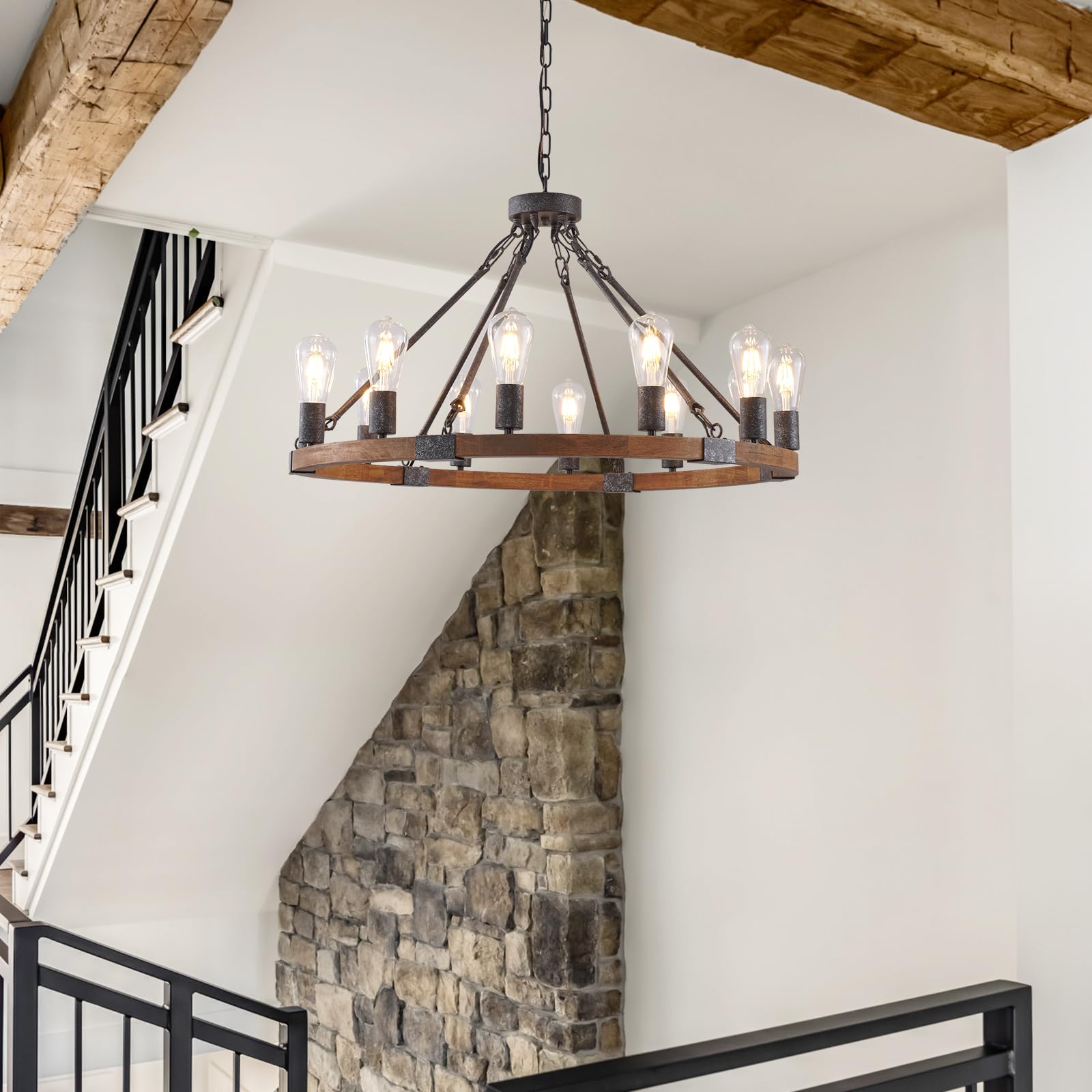 12-Light Wood Wagon Wheel Chandelier Brown Rustic Hanging Ceiling Lighting Chandeliers Industrial for Living Dining Room Bedroom Hallway Entryway Foyer High Ceiling Restaurant, E26