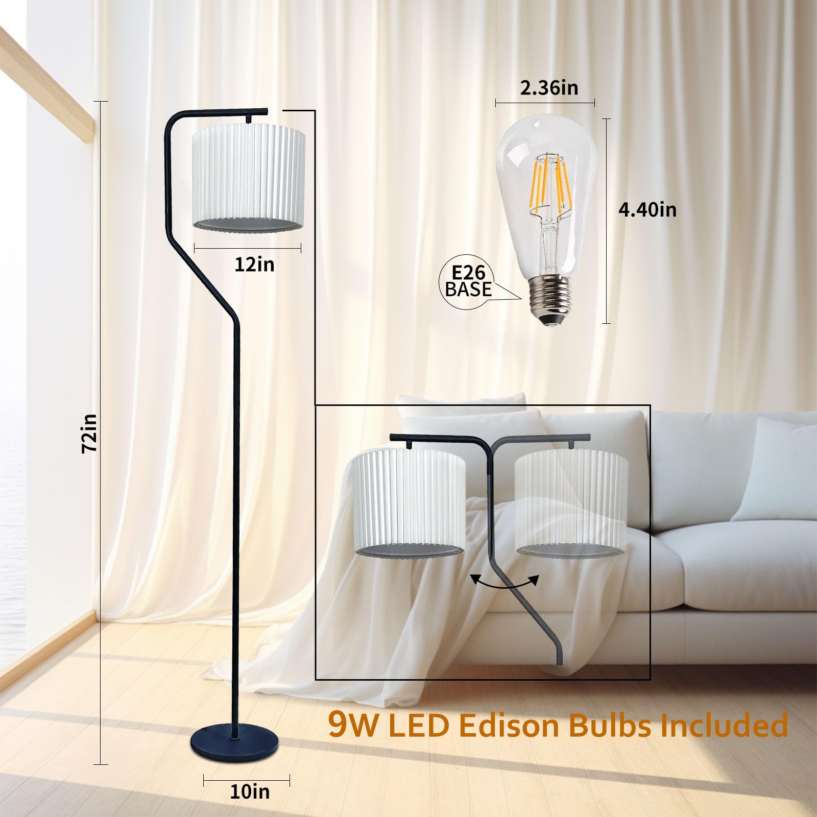 66''Floor Lamp,9W LED Edison Bulbs Included Nordic Design Standing Lamp with Foot Switch with Pleated Shade, Tall Floor Lamp Reading for Living Room Bedroom Office Classroom Dorm Room