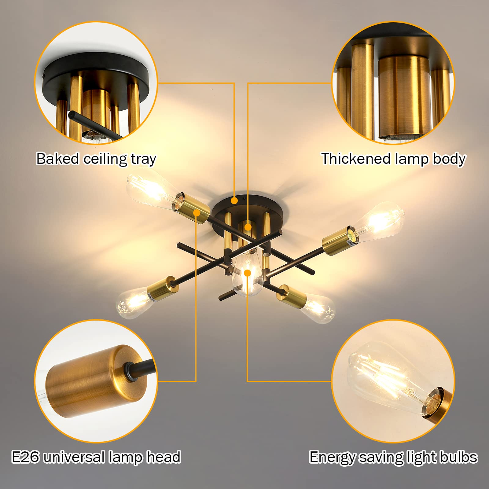 Farmhouse 5-Light Semi Flush Mount Ceiling Light Fixture with E26 Modern Matte Black and Gold Chandelier Sputnik Ceiling Lamp for Hallway Kitchen Dining Room Bedroom Study Living Room Bathroom