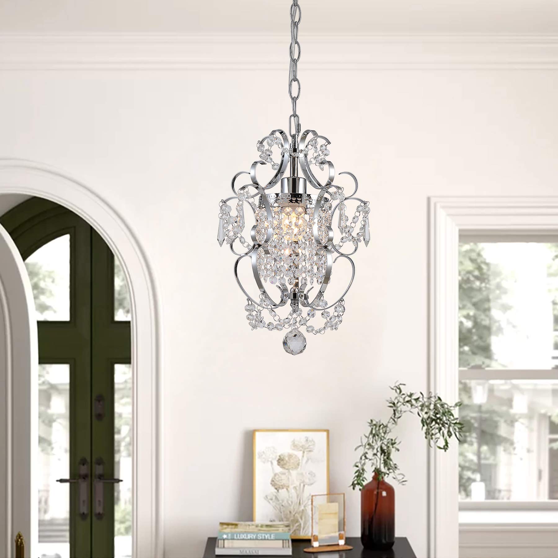 Mini Chandelier White Crystal Chandelier 1 Light Elegant Chandelier Crystal Iron Ceiling Light Fixture for Bedroom,Farmhouse,Foyer