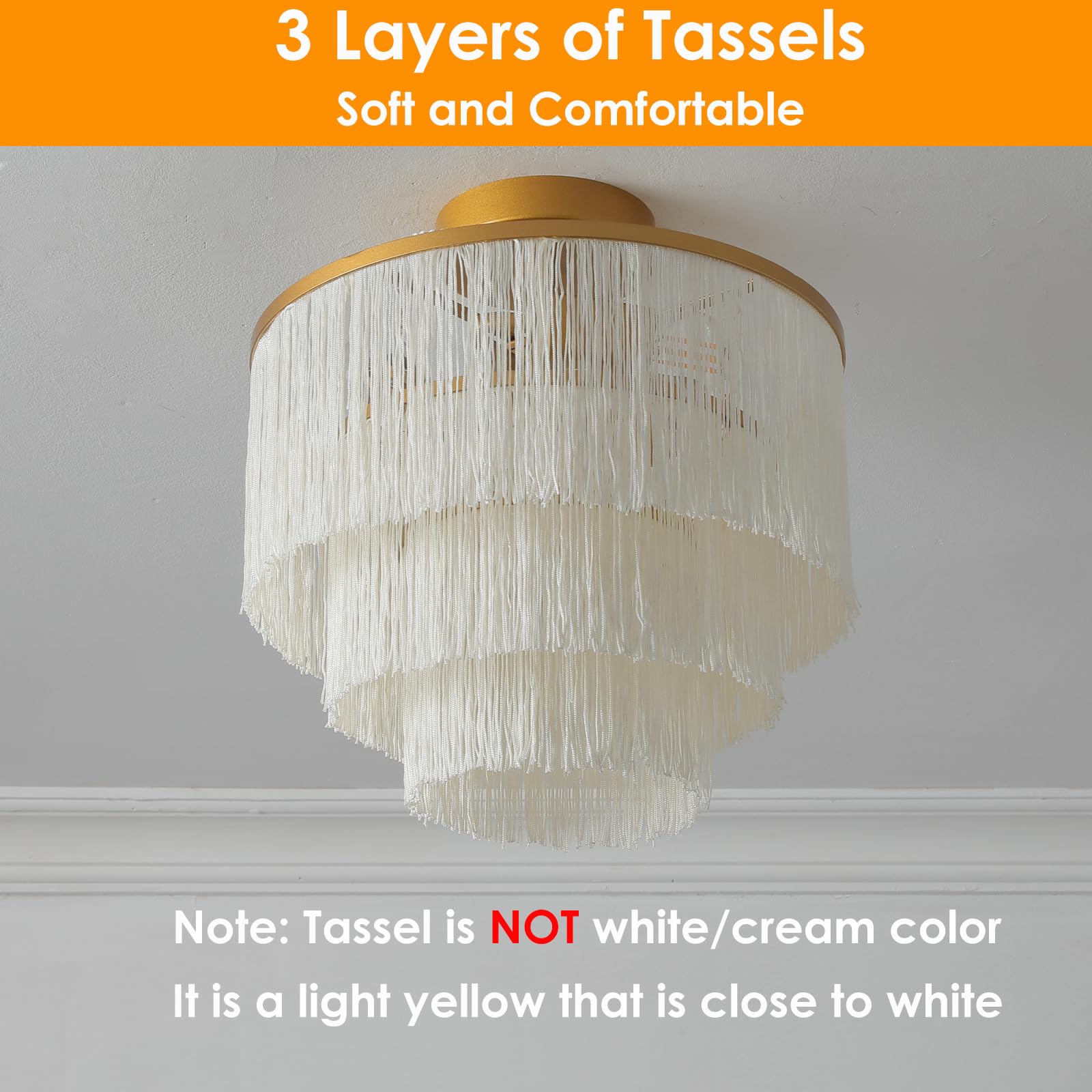 3-Light Semi Flush Mount Ceiling Light,Gold Boho Light Fixture,3-Tiererd Fringe Light for Bedroom,Nursery,Laundry Room.