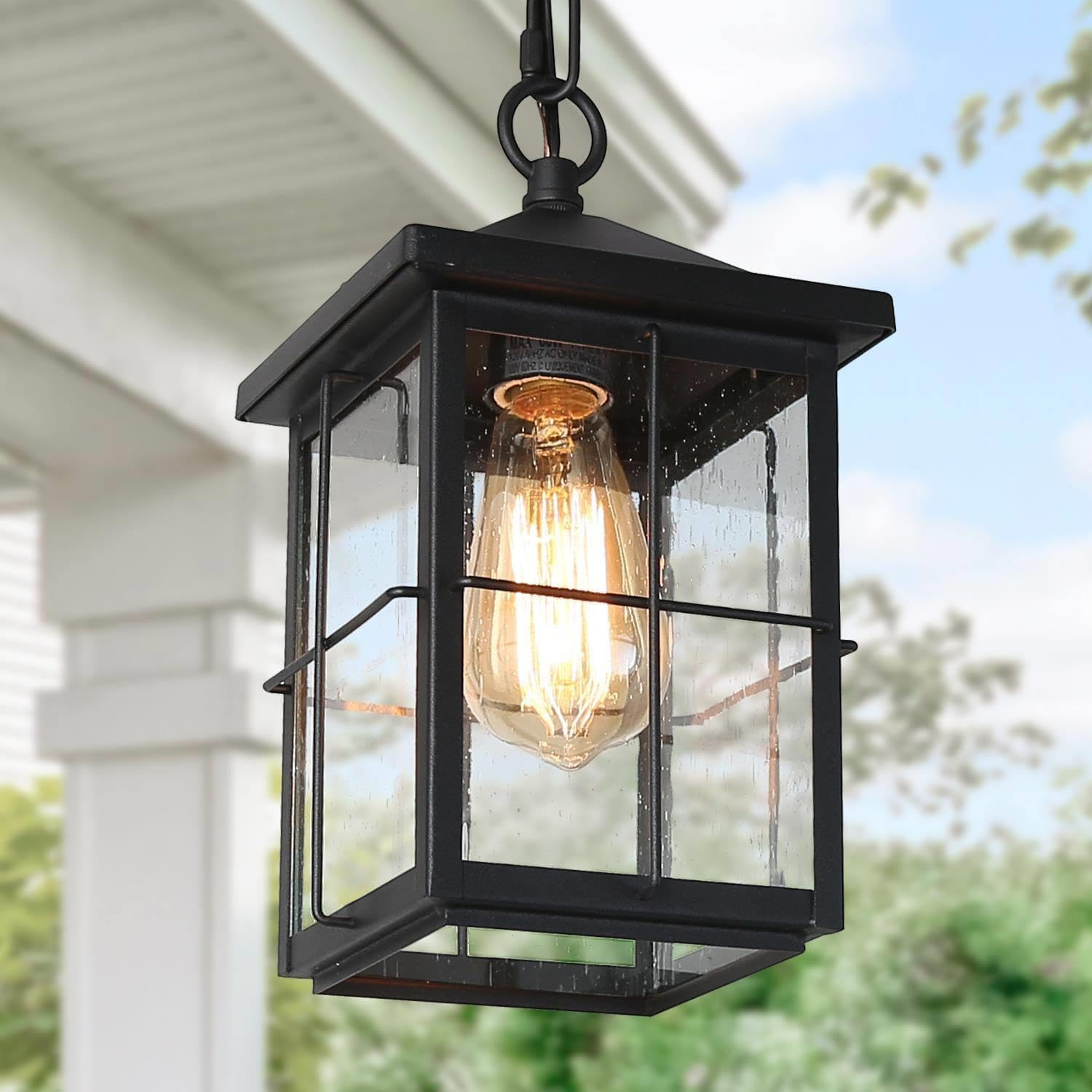 Outdoor Pendant Light Fixture, Farmhouse Exterior Hanging Lights with Adjustable Chain, Black Anti-Rust Ceiling Outdoor Light with Clear Glass, Hanging Lantern for Front Door, Entry, Porch, and Gazebo