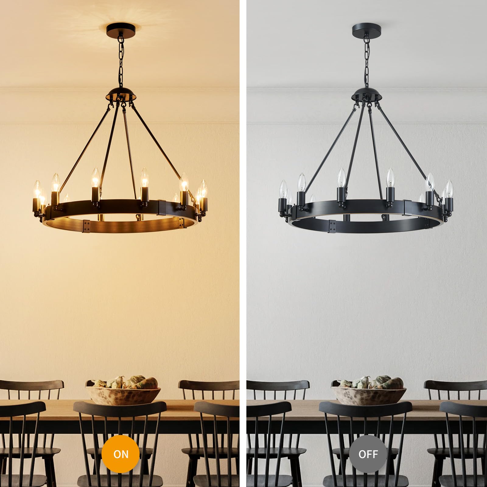 5-Light Wagon Wheel Chandelier Rustic Farmhouse Industrial Round Pendant Light Fixture with Clear Seeded Glass Shades for Dining Room Kitchen Island, H 20.5" x W 26.2", E12 Base, Gold