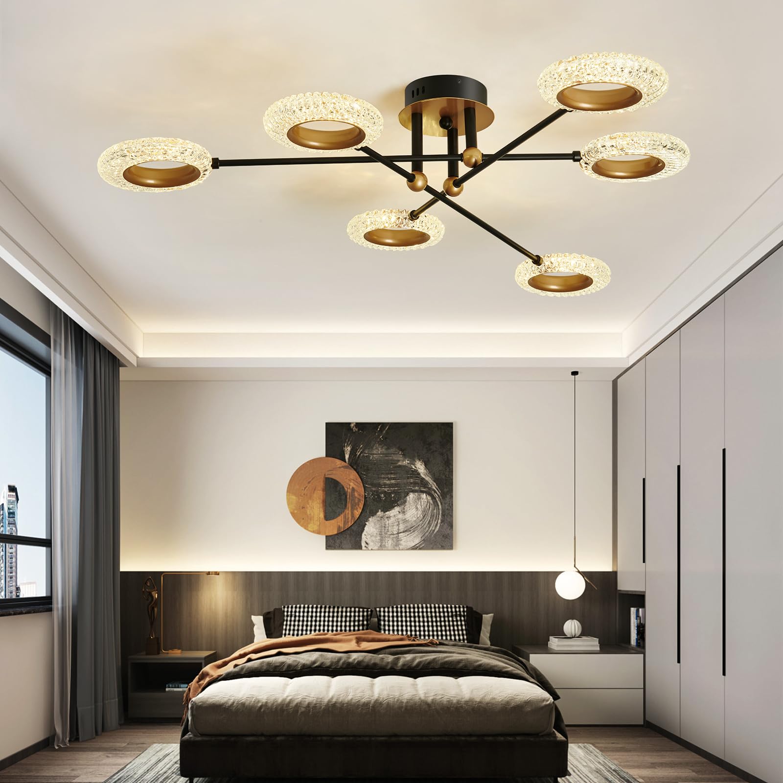 6 Lights Sputnik Semi Flush Mount Ceiling Light Matte Black Modern Edison Chandelier Industrial Close to Ceiling Light for Farmhouse Dining Room Kitchen Bedroom Living Room Study